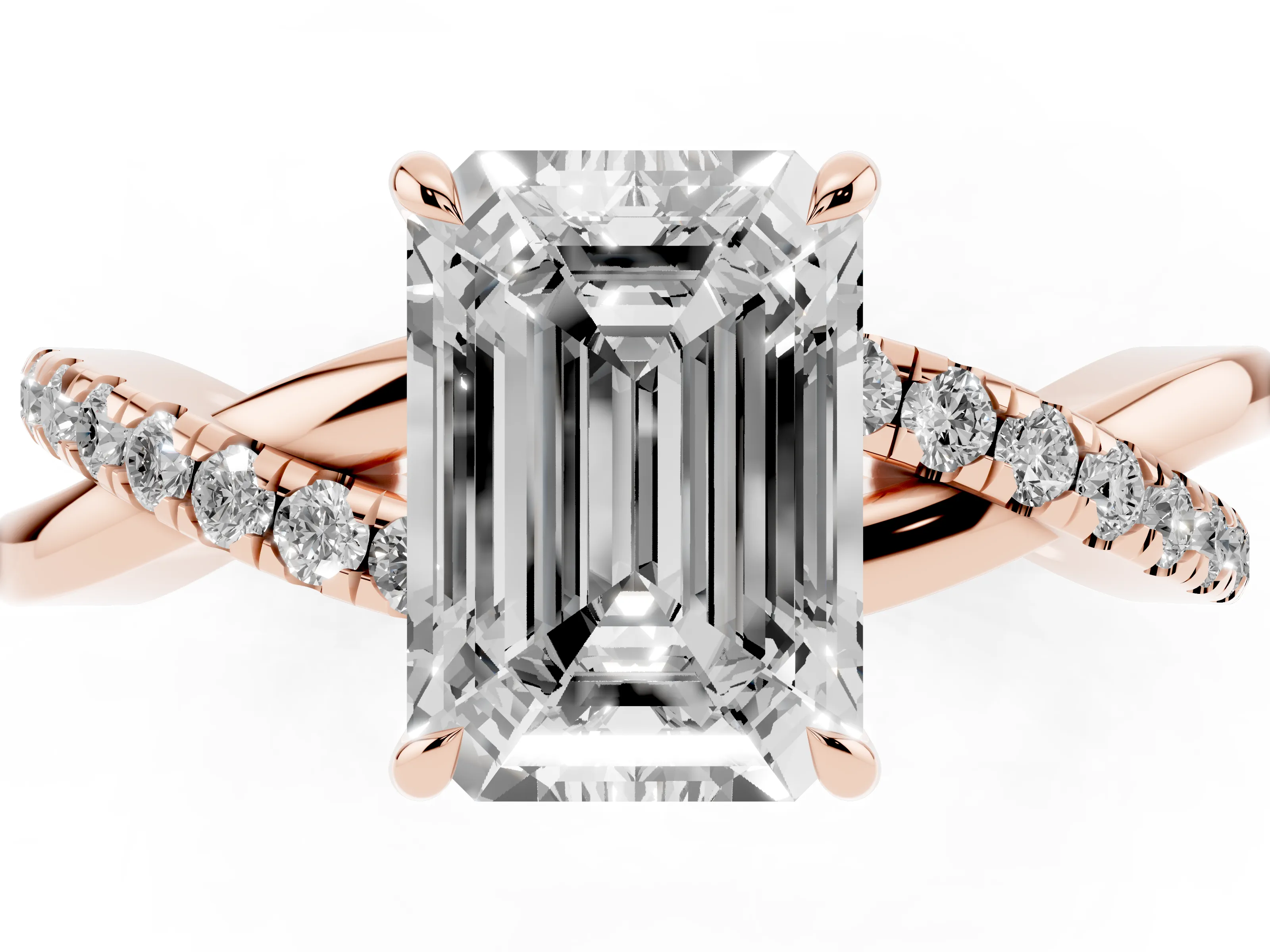 Emerald Cut Diamond Twisted Pavé Band Ring Set in Rose gold with Prong Setting