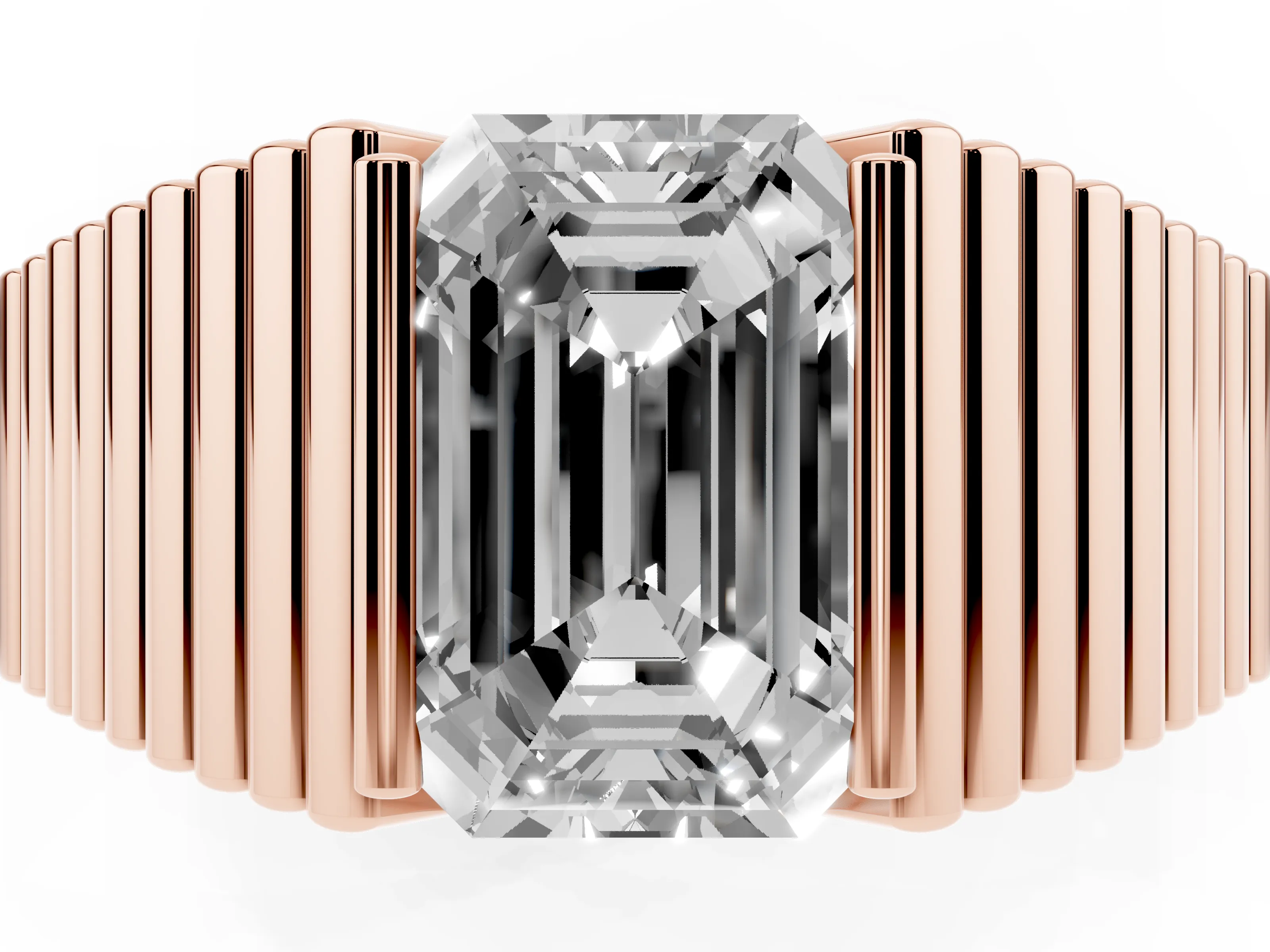 Emerald Cut Diamond Mens Ring Set in Rose gold with Fluted Band