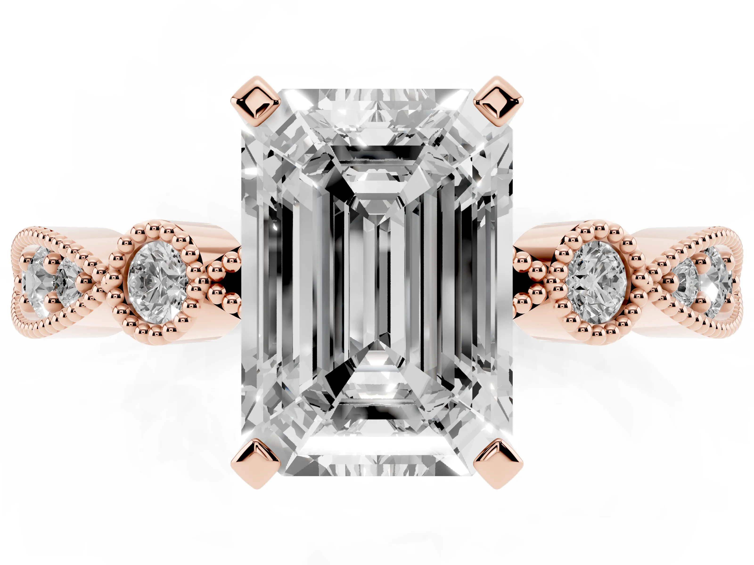 Emerald Cut Diamond Solitaire Engagement Ring Set in Rose gold with Milgrain Bezel Accent Band