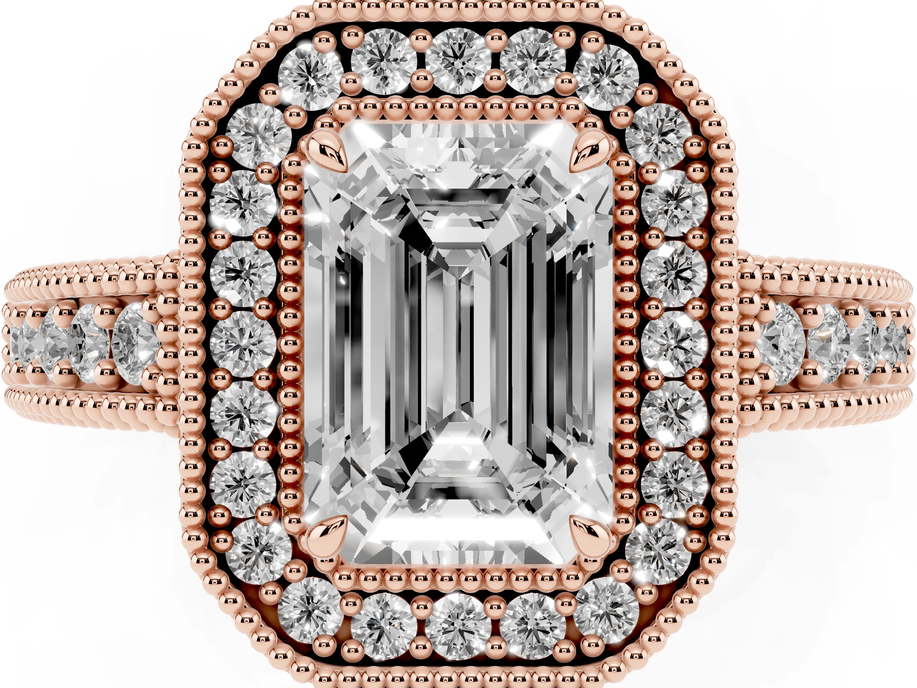 Emerald Cut Diamond Halo Ring Set in Rose gold with Round Accent Halo, Pavé Band and Prong Setting