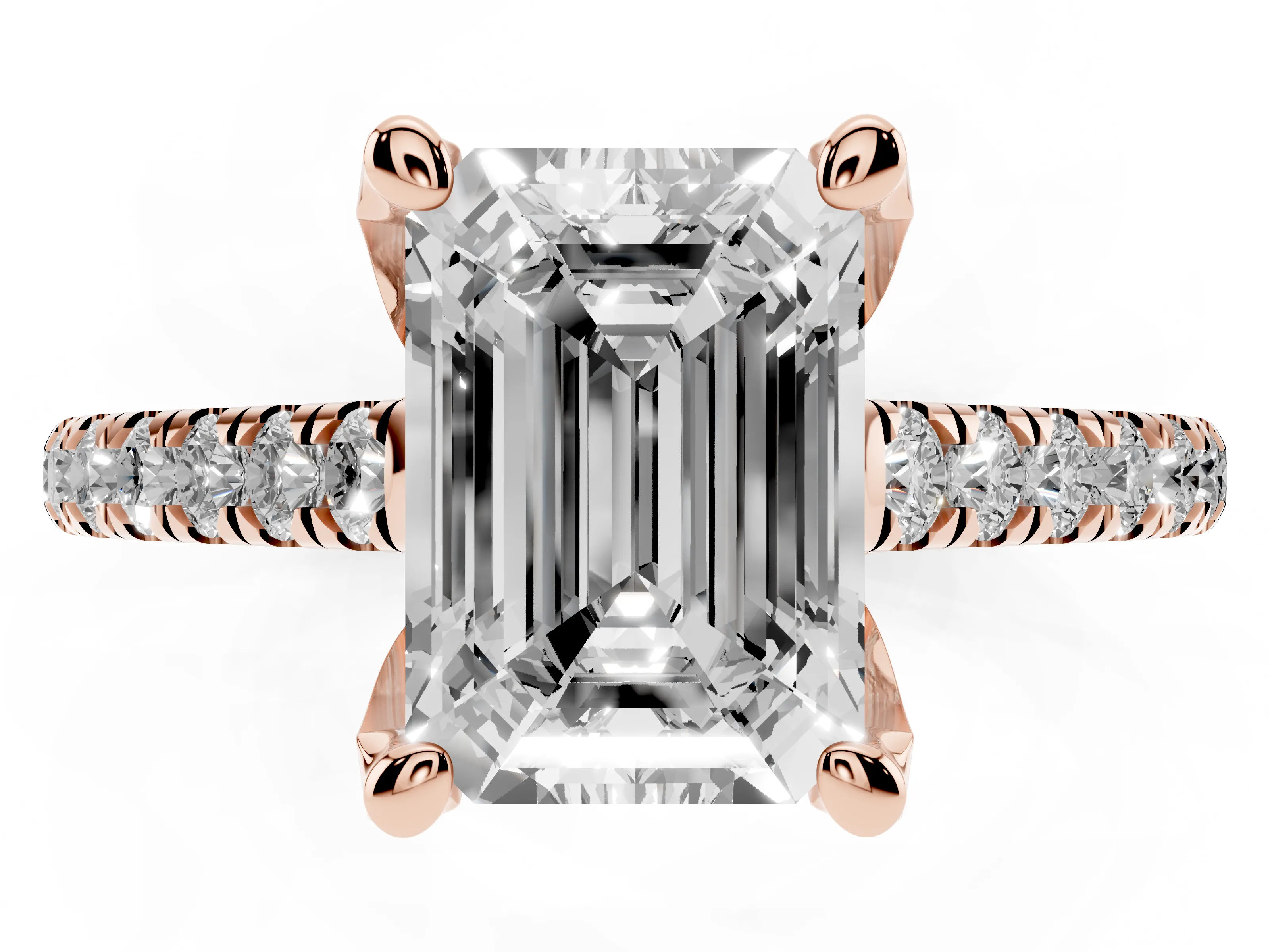 Emerald Cut Diamond Solitaire Ring Set in Rose gold with Brilliant Pavé Band and Prong Setting