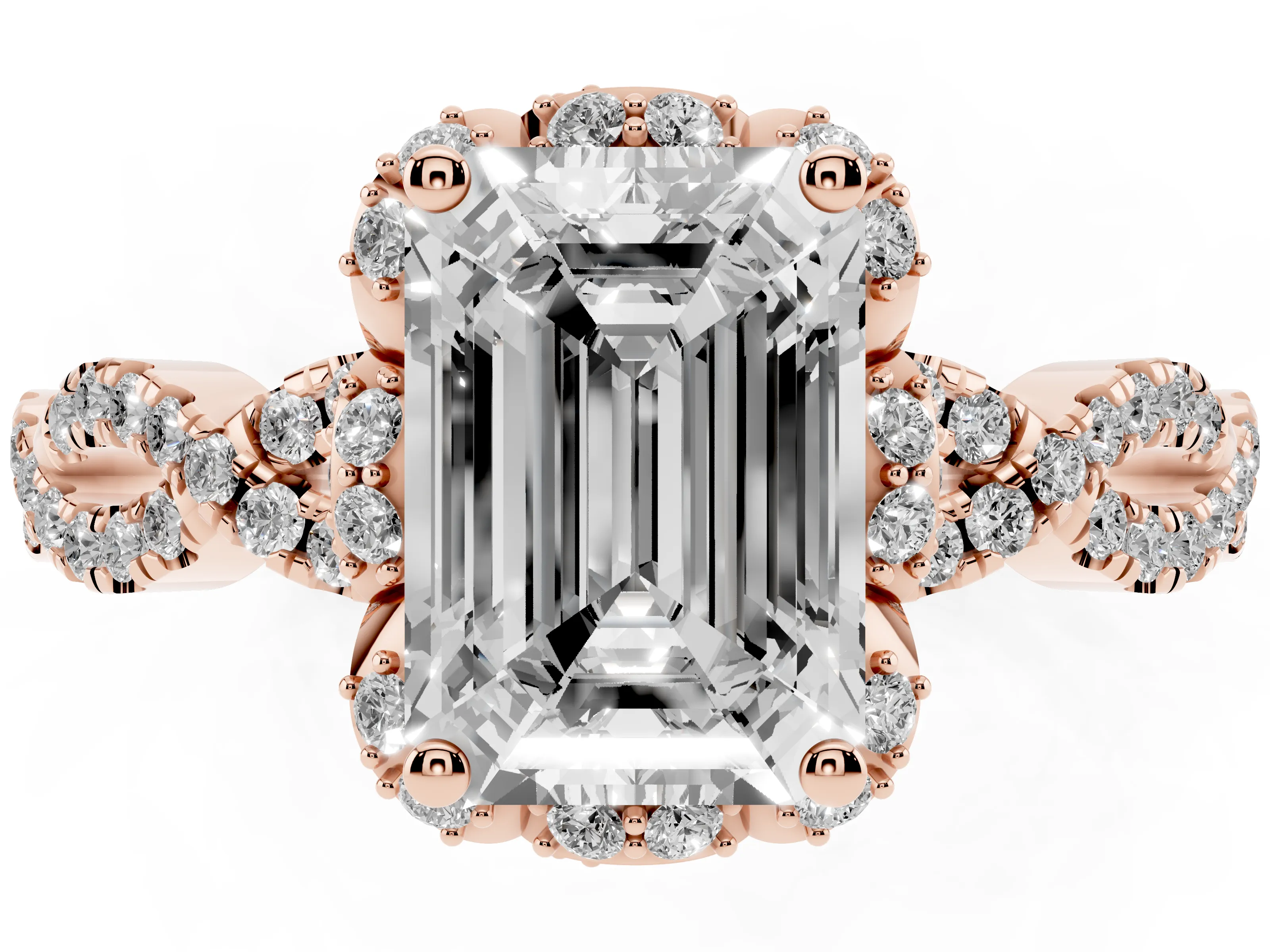 Emerald Cut Diamond Halo Twist Band Solitaire Ring Set in Rose gold with Prong-Set Center Stone