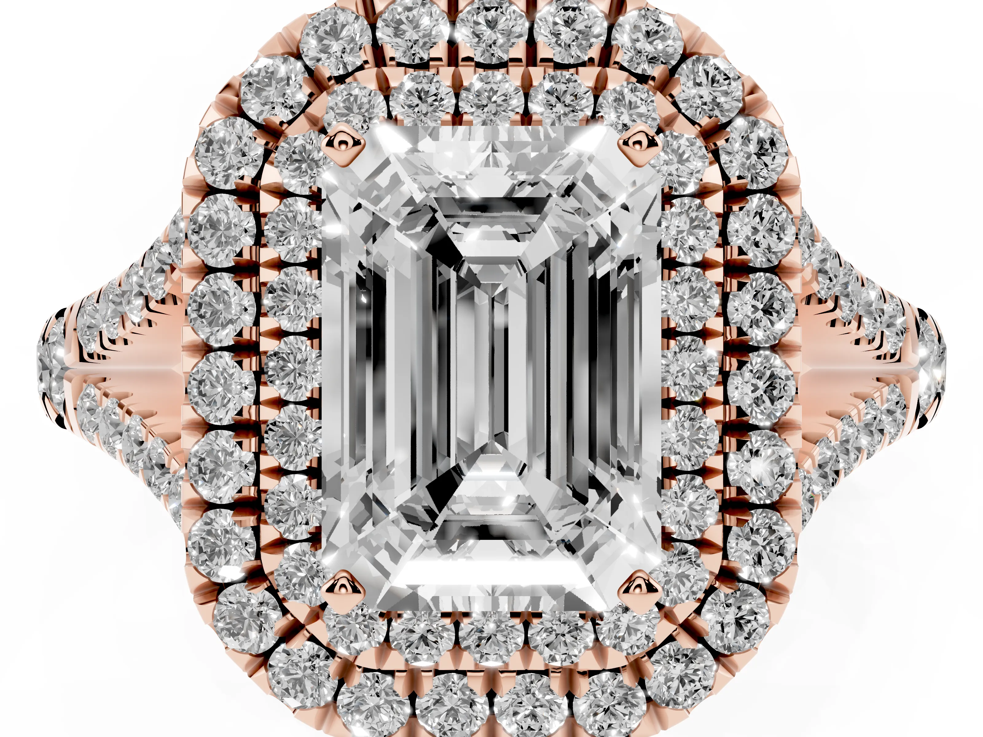 Emerald Cut Diamond Pavé Split Shank Double Halo Engagement Ring Set in Rose gold