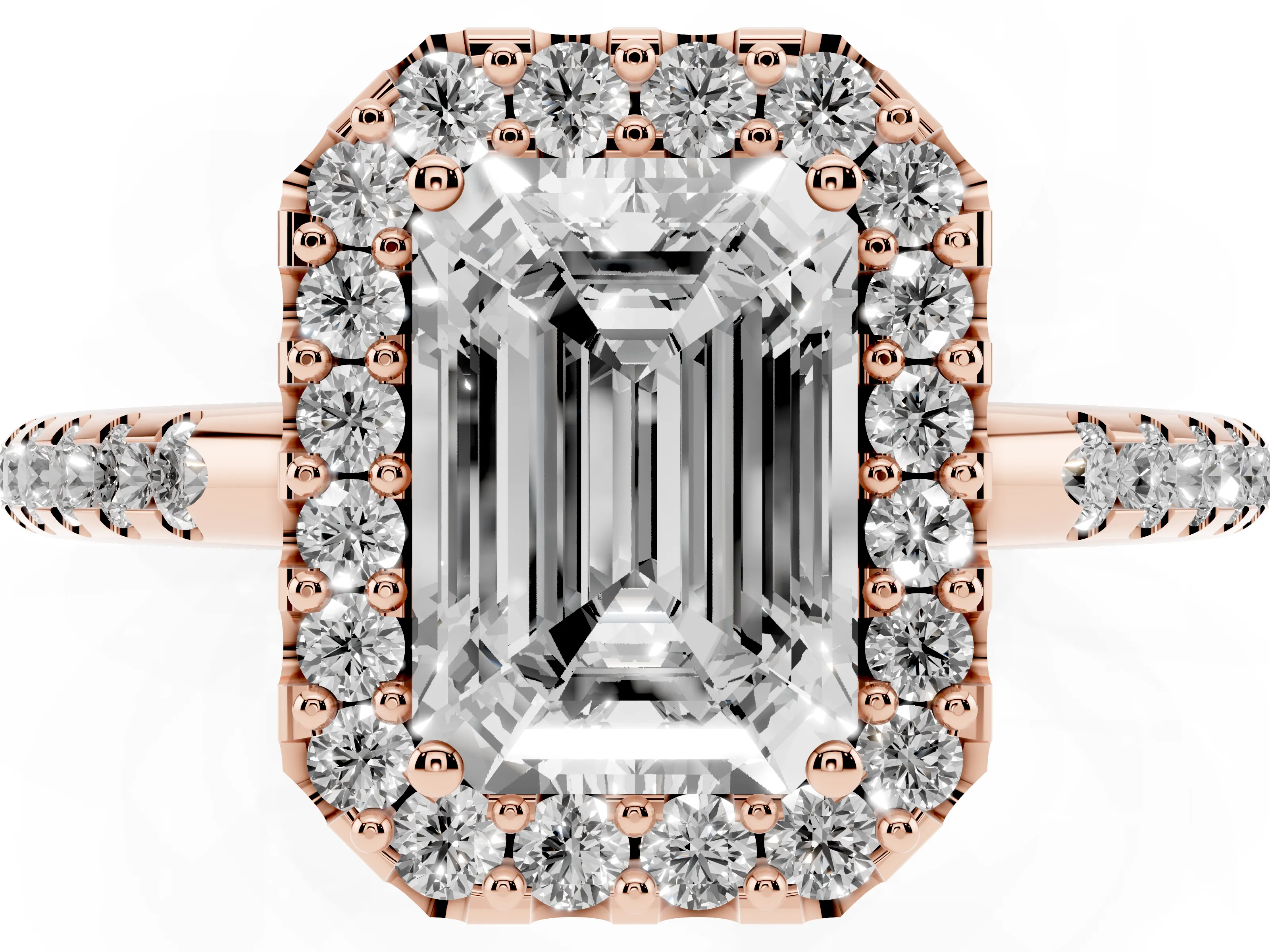 Emerald Cut Diamond Pavé Halo Ring Set in Rose gold with Prong Setting