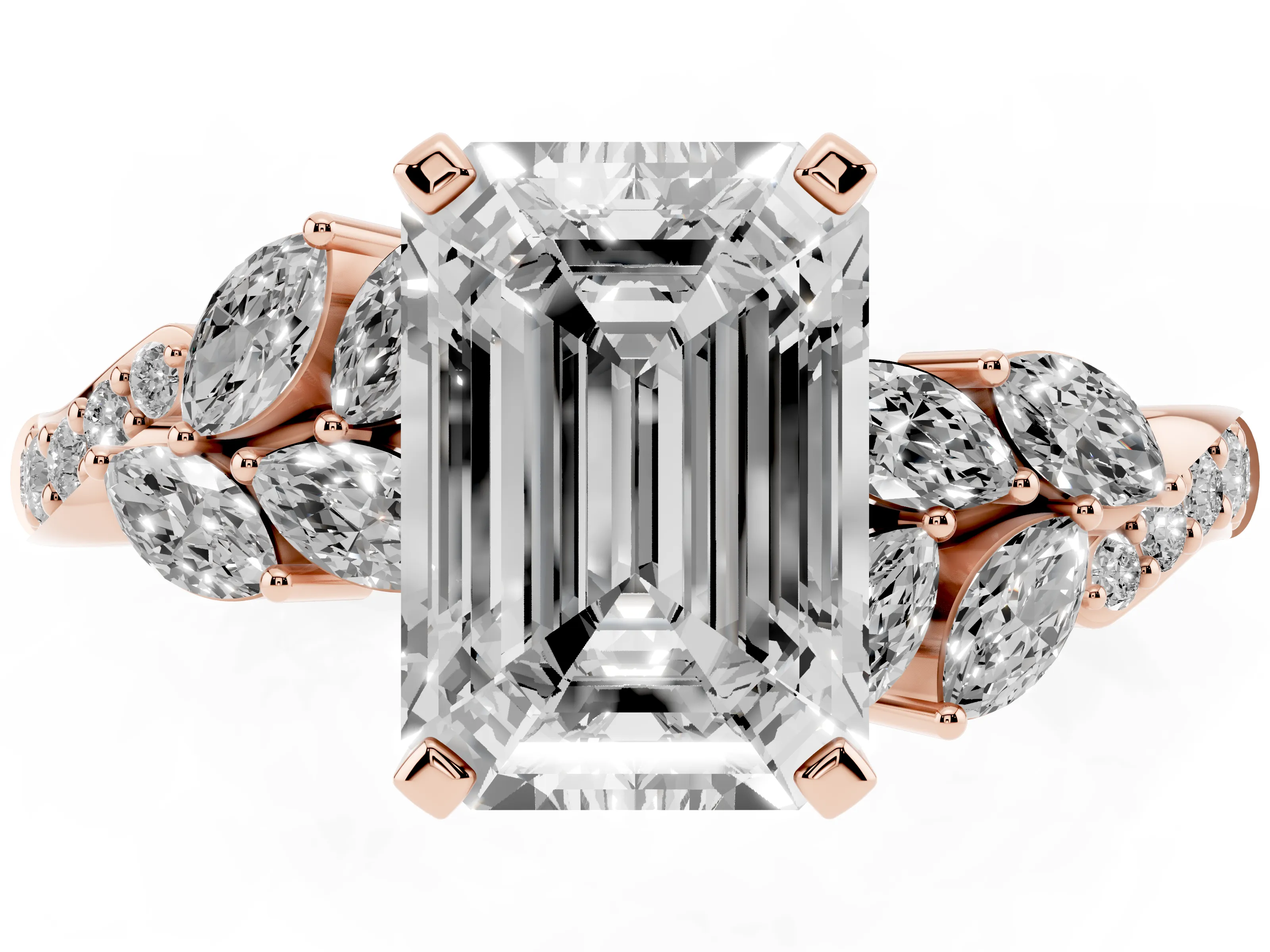 Emerald Cut Diamond Solitaire Ring Set in Rose gold with Marquise Twist Band and Prong Setting