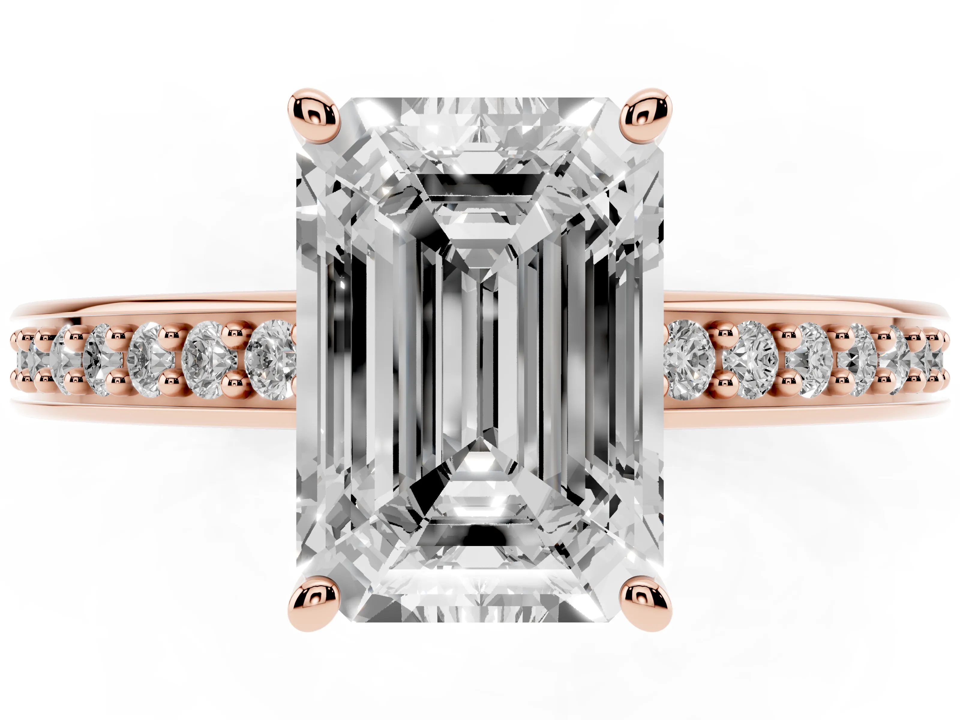 Emerald Cut Diamond Pavé Band Prong Set Solitaire Ring Set in Rose gold