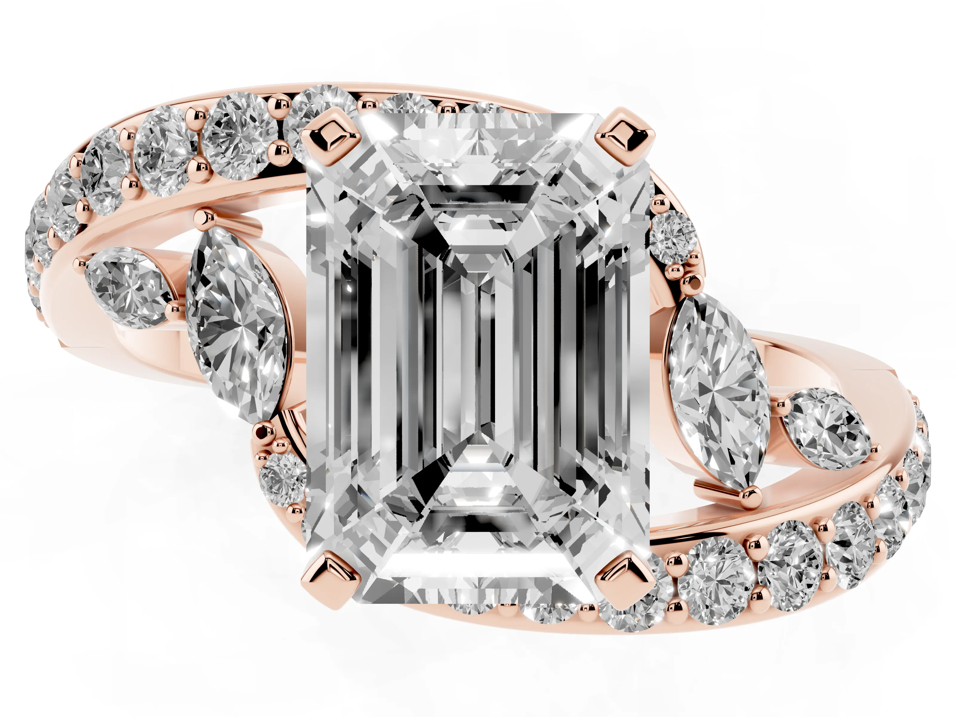 Emerald Cut Diamond Solitaire Ring Set in Rose gold with Pavé Twist Band and Secure Prong Setting