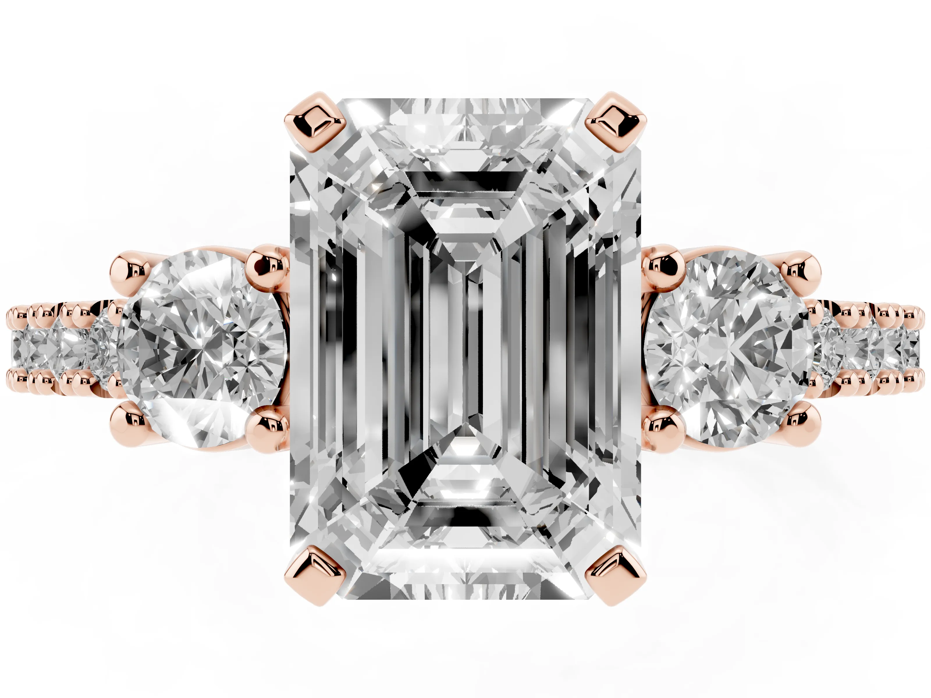 Three-Stone Emerald Cut Diamond Pavé Band Ring Set in Rose gold with Prong Setting