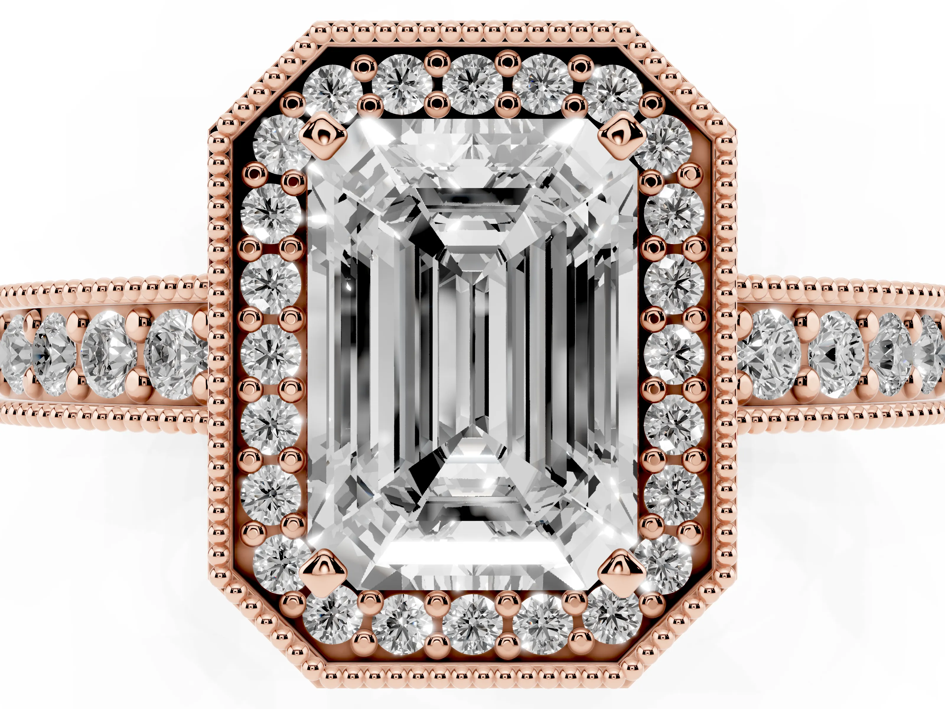 Emerald Cut Diamond Halo Pavé Band Ring Set in Rose gold with Prong-Set Center