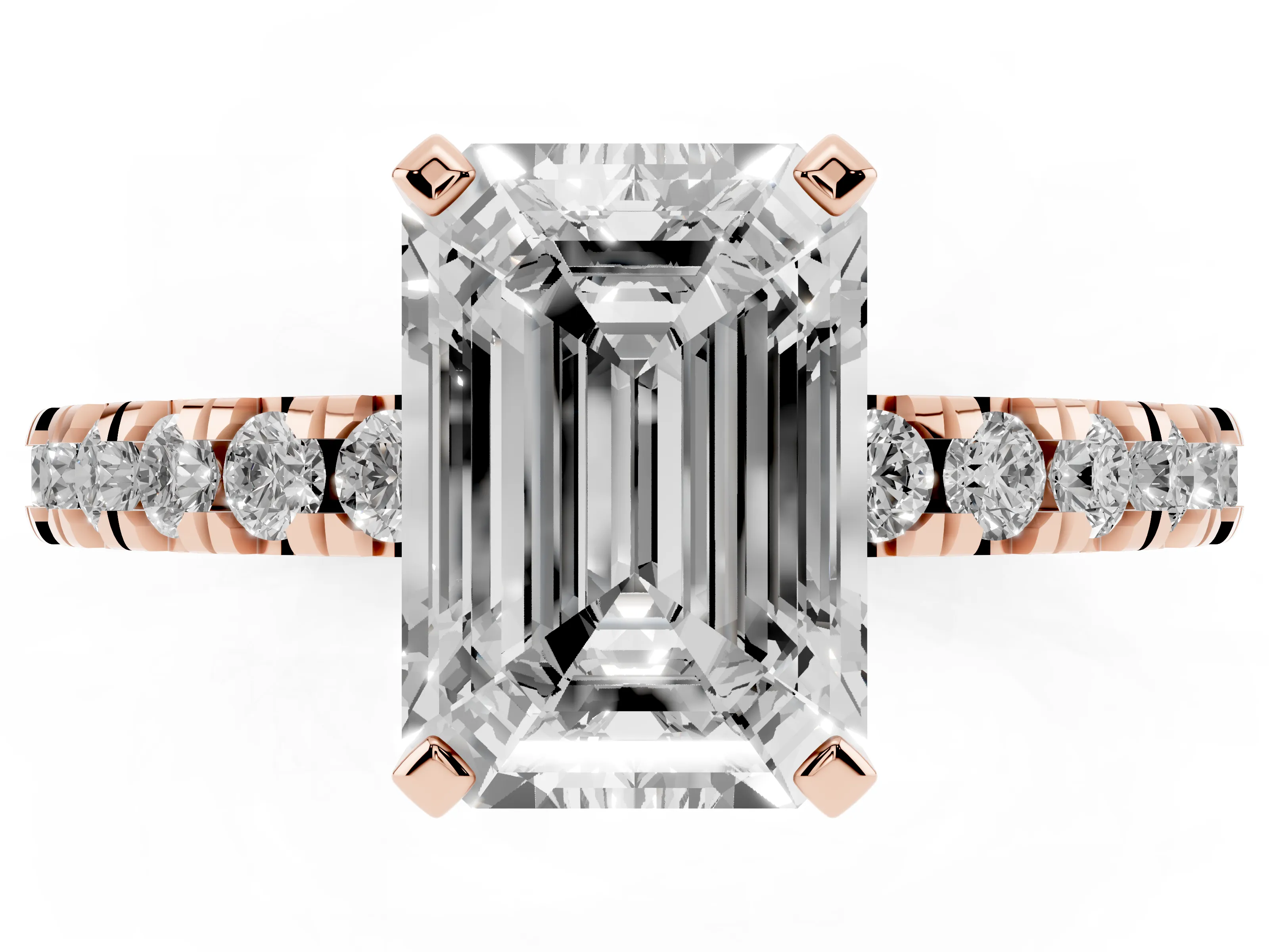 Emerald Cut Diamond Pavé Band Solitaire Set in Rose gold with Prong Setting