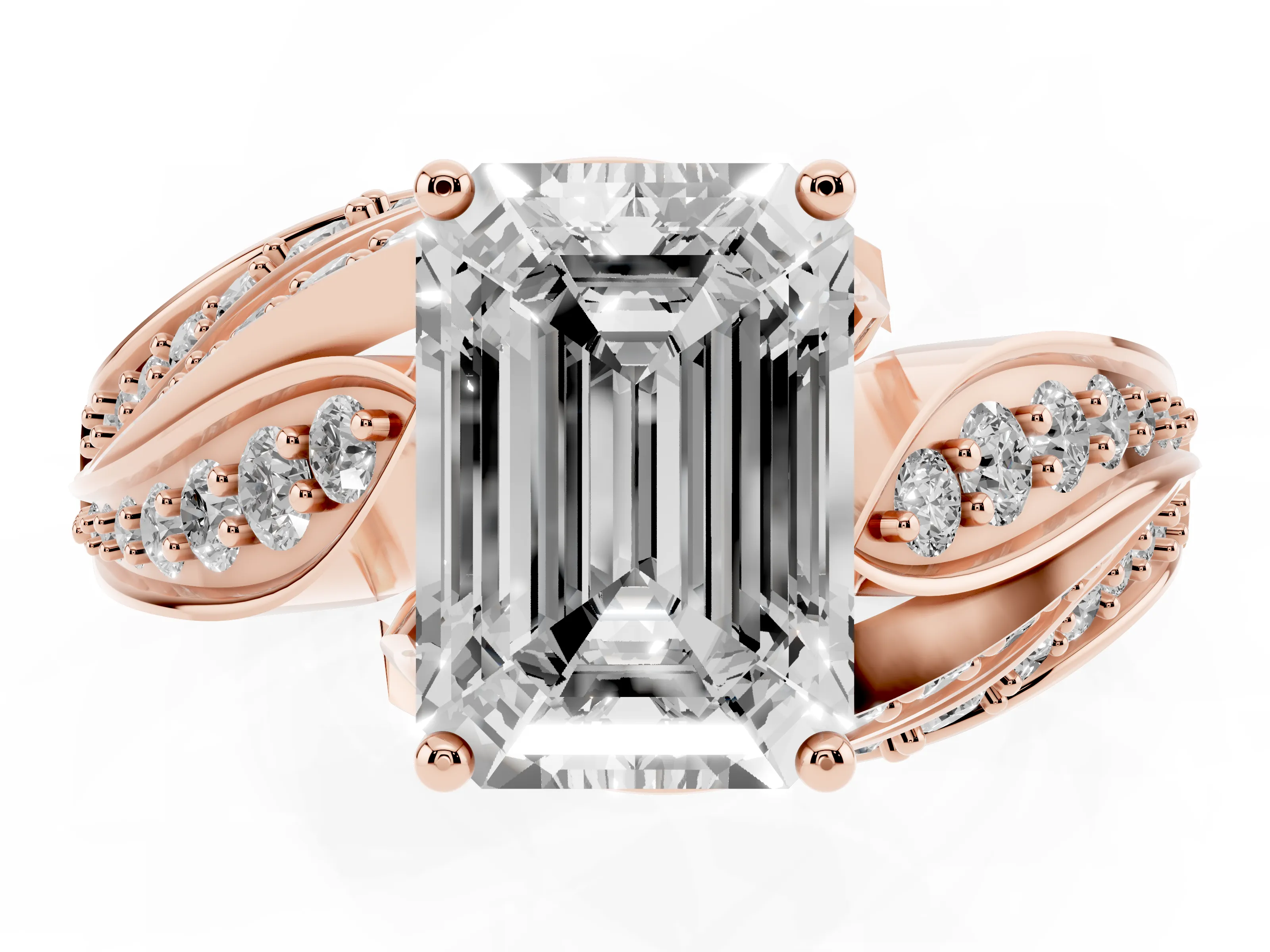 Emerald Cut Diamond Solitaire Ring Set in Rose gold with Layered Twist Pavé Band
