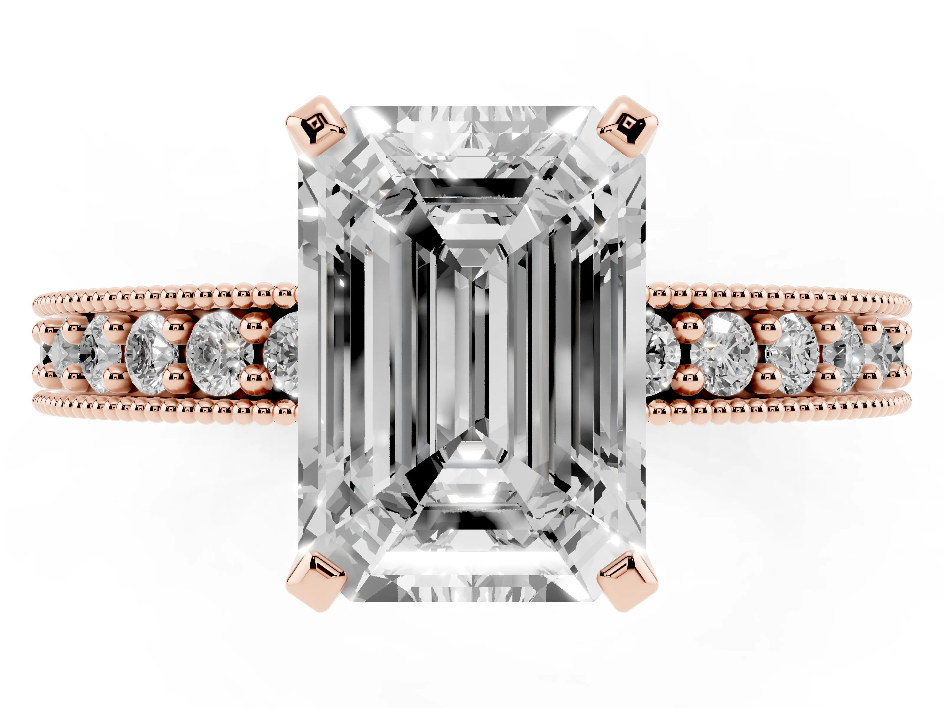 Emerald Cut Diamond Milgrain Pavé Engagement Ring Set in Rose gold with Prong Setting