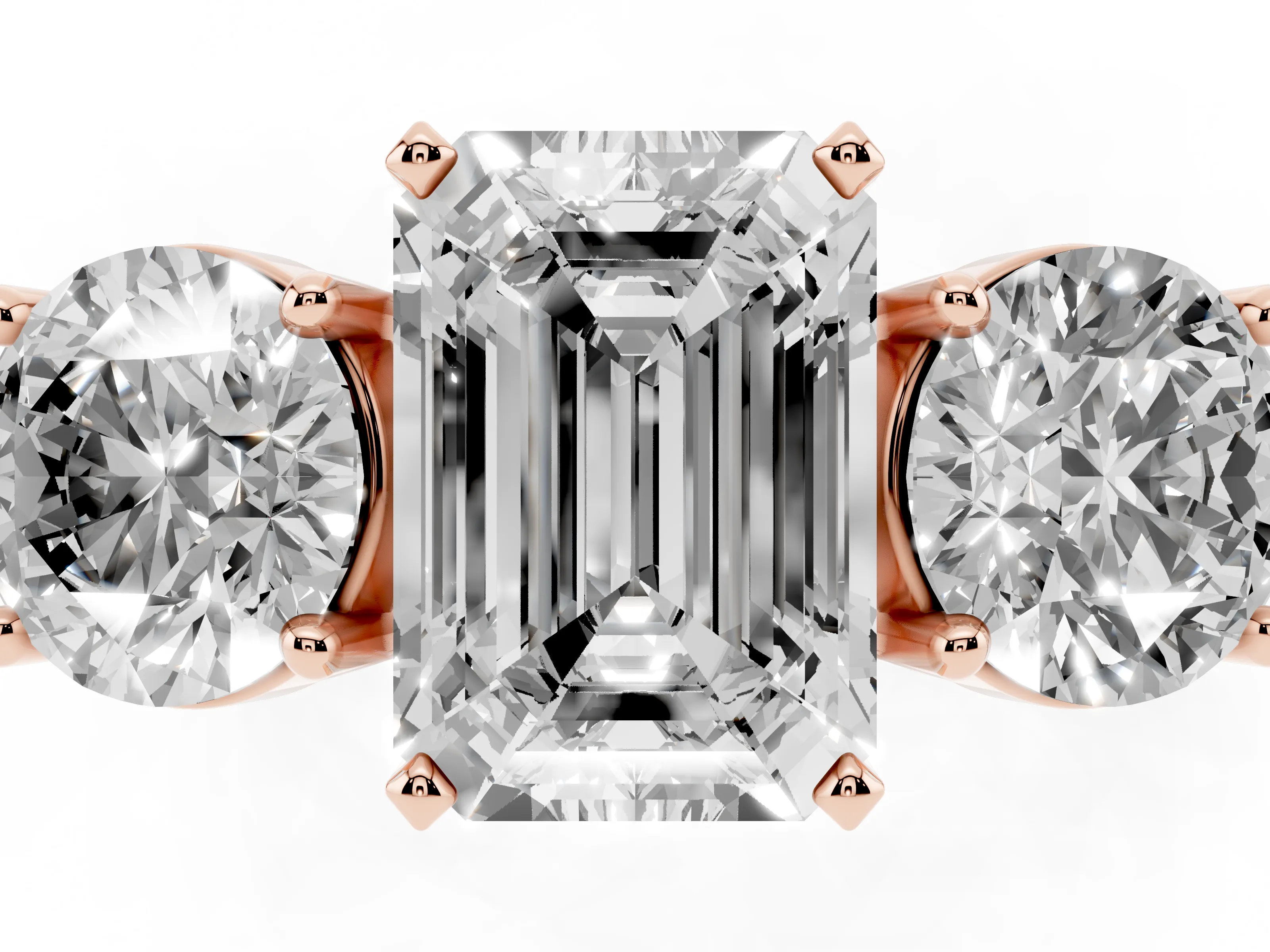 Emerald Cut Diamond Three-Stone Ring Set in Rose gold with Round Side Stones and Classic Band