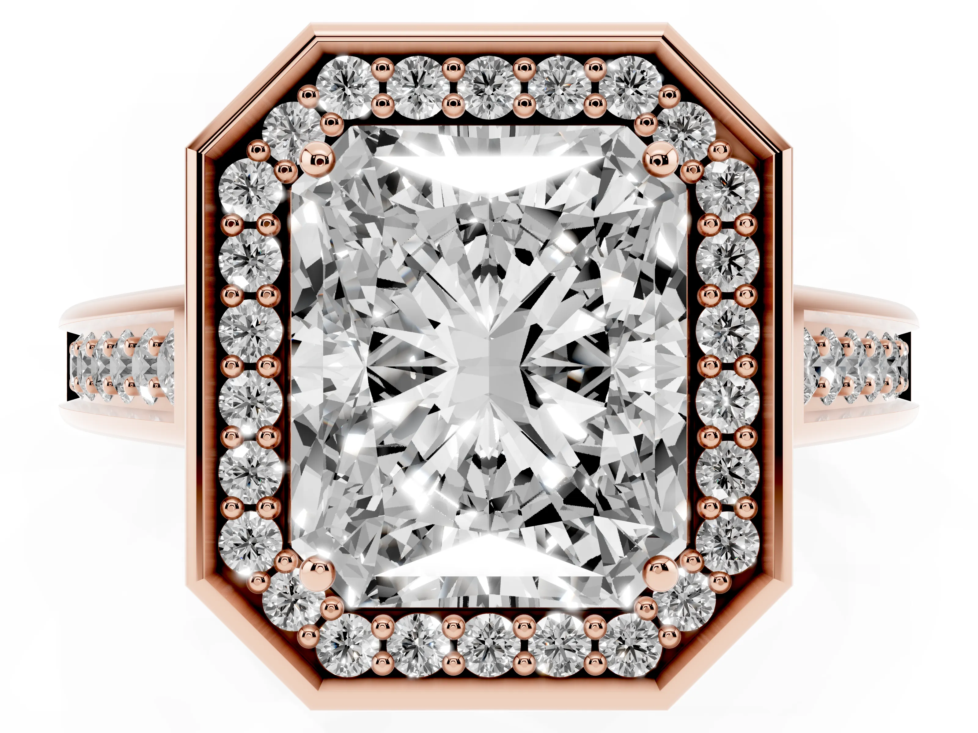 Emerald Cut Diamond Halo Solitaire Ring Set in Rose gold with Pavé Band and Bezel Setting