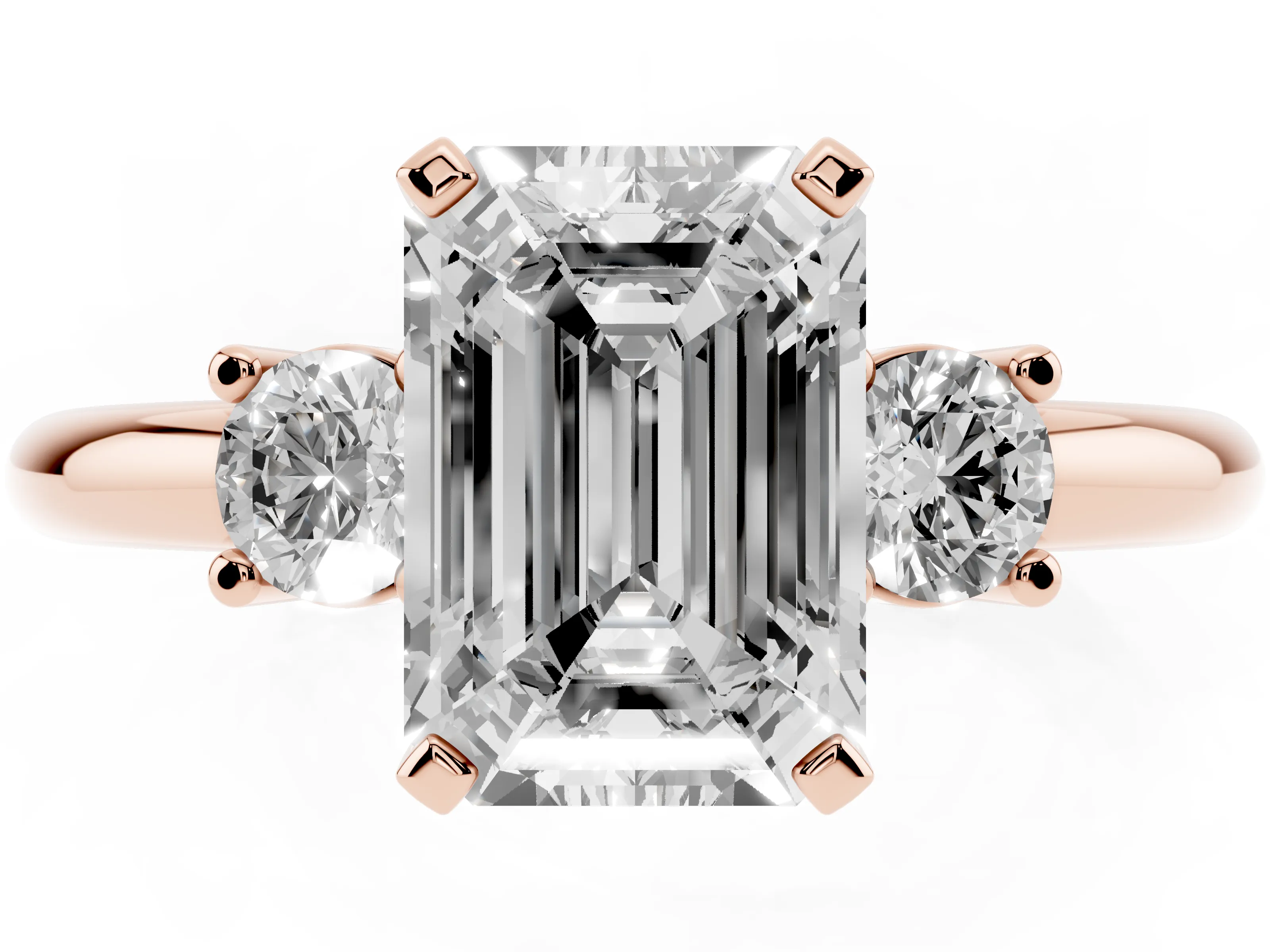 Three-Stone Emerald Cut Diamond Ring Set in Rose gold with Prong Setting and Plain Band