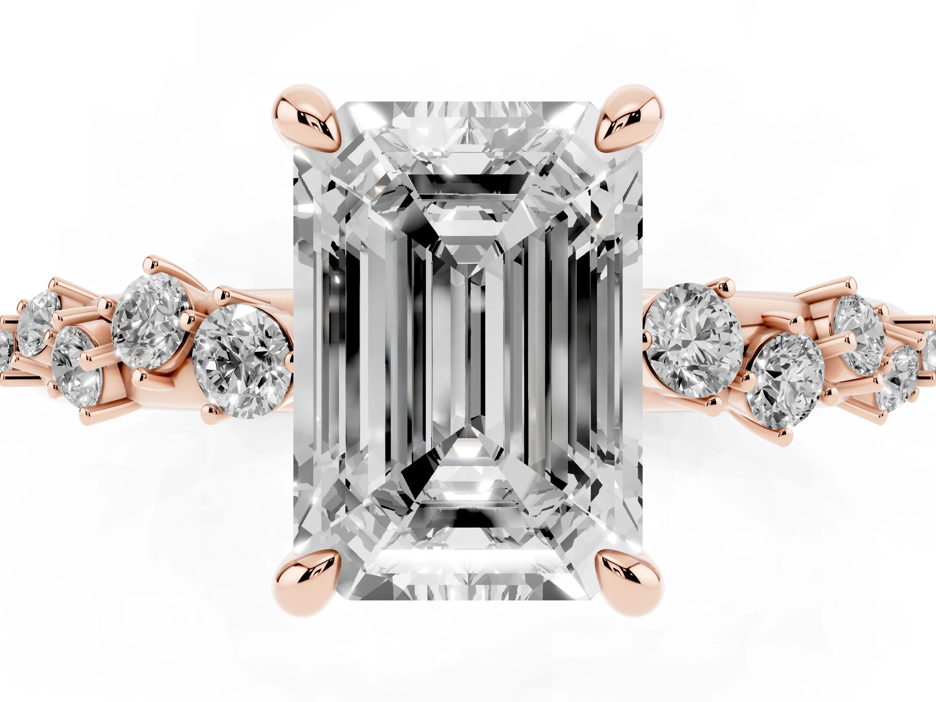 Emerald Cut Diamond Solitaire Vine Band Ring Set in Rose gold with Round Accents and Prong Setting