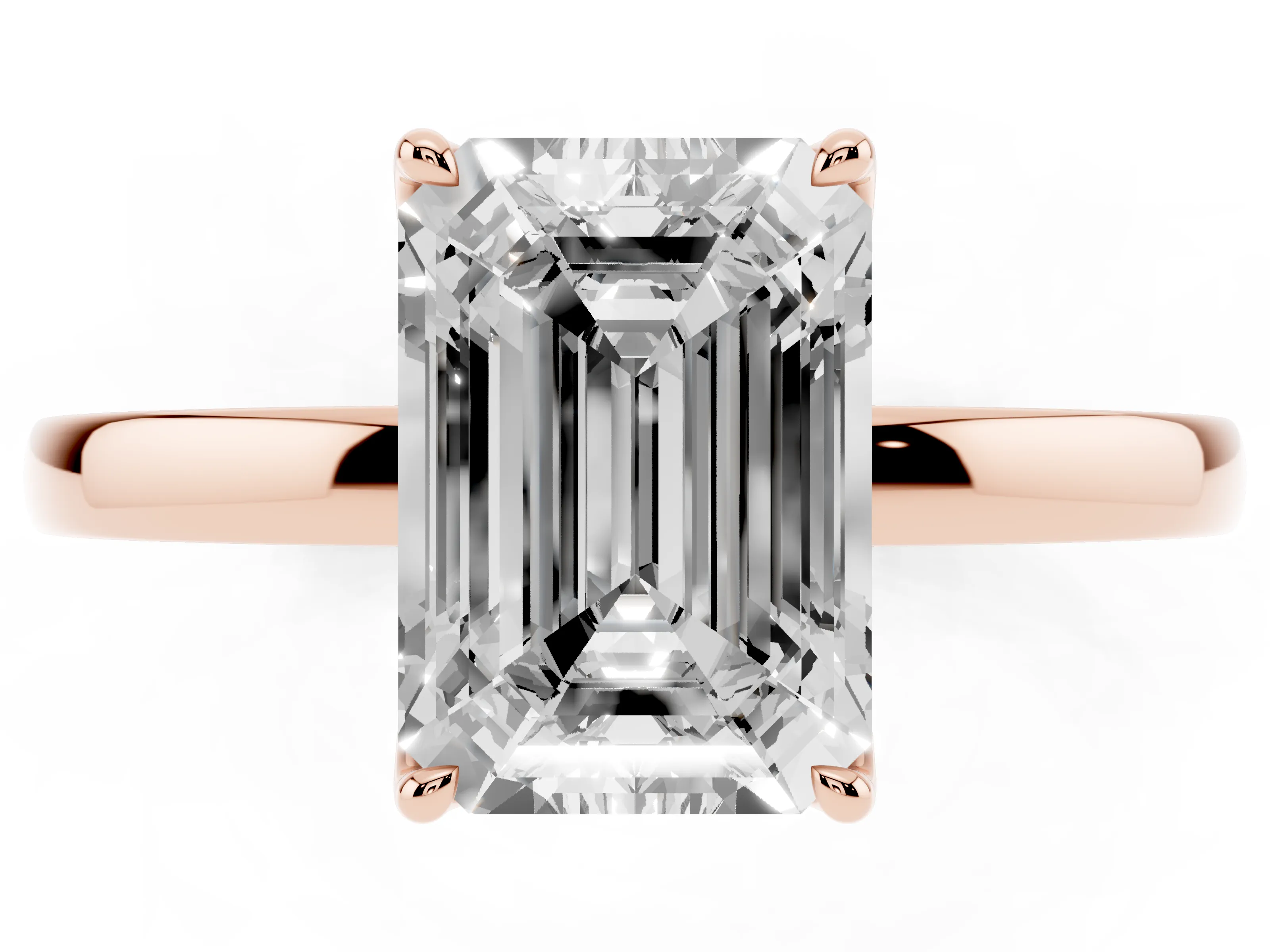Emerald Cut Diamond Solitaire Ring Set in Rose gold with Prong Setting and Thin Polished Band