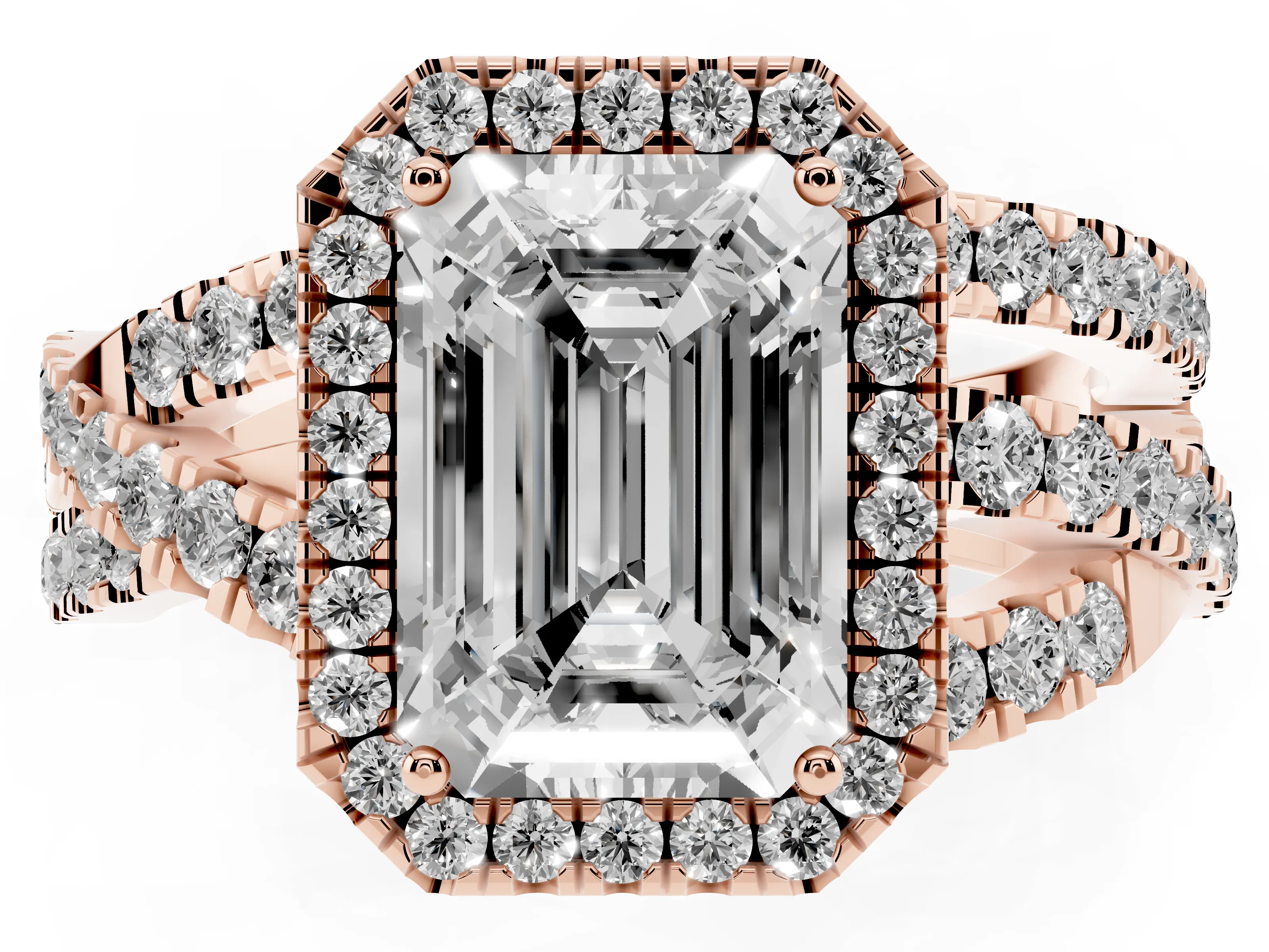 Emerald Cut Diamond Halo Ring Set in Rose gold with Round Crossover Split Shank and Prong Setting