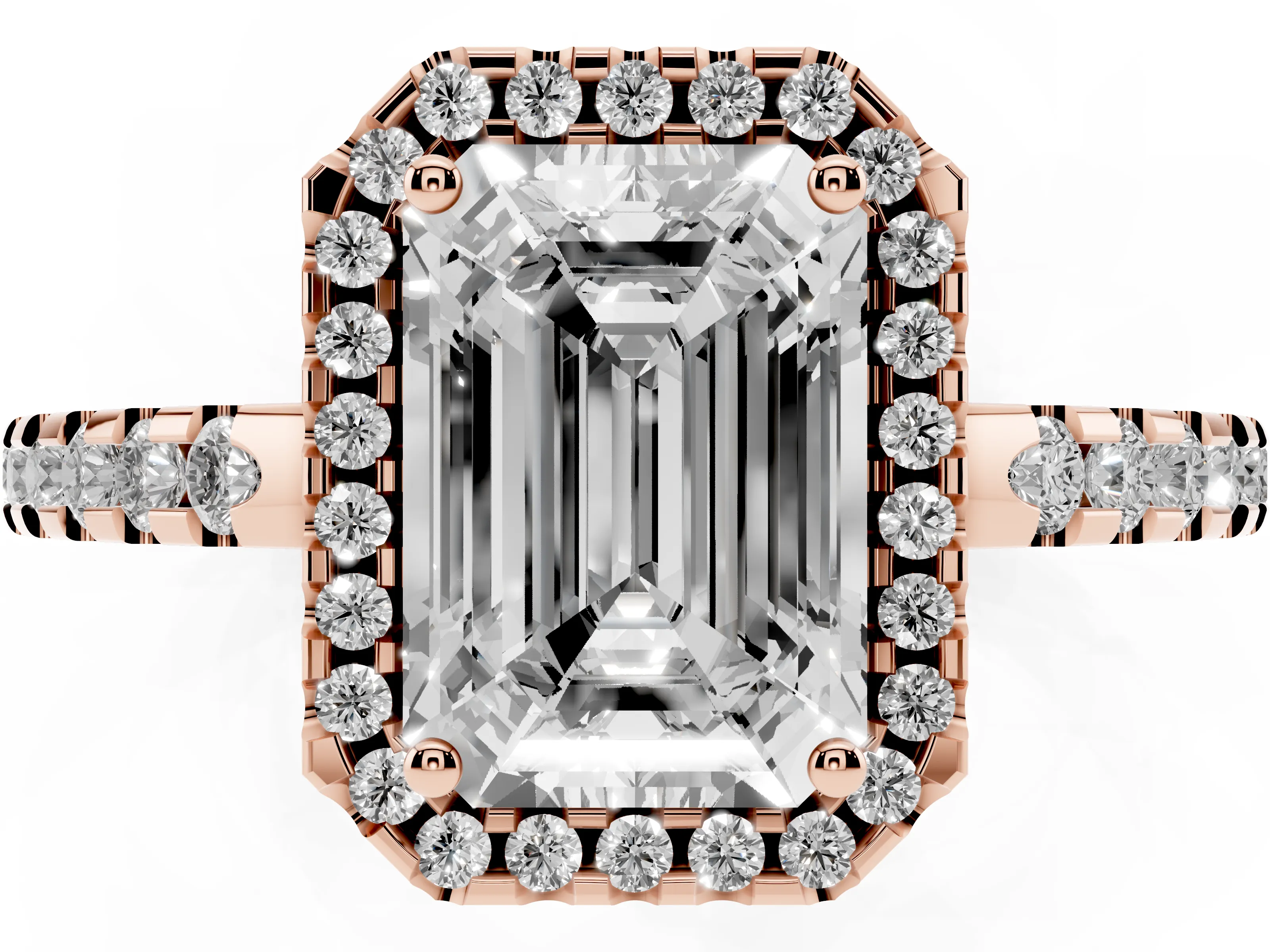 Emerald Cut Diamond Halo Ring Set in Rose gold with Pavé Shoulders and Halo-Framed Center