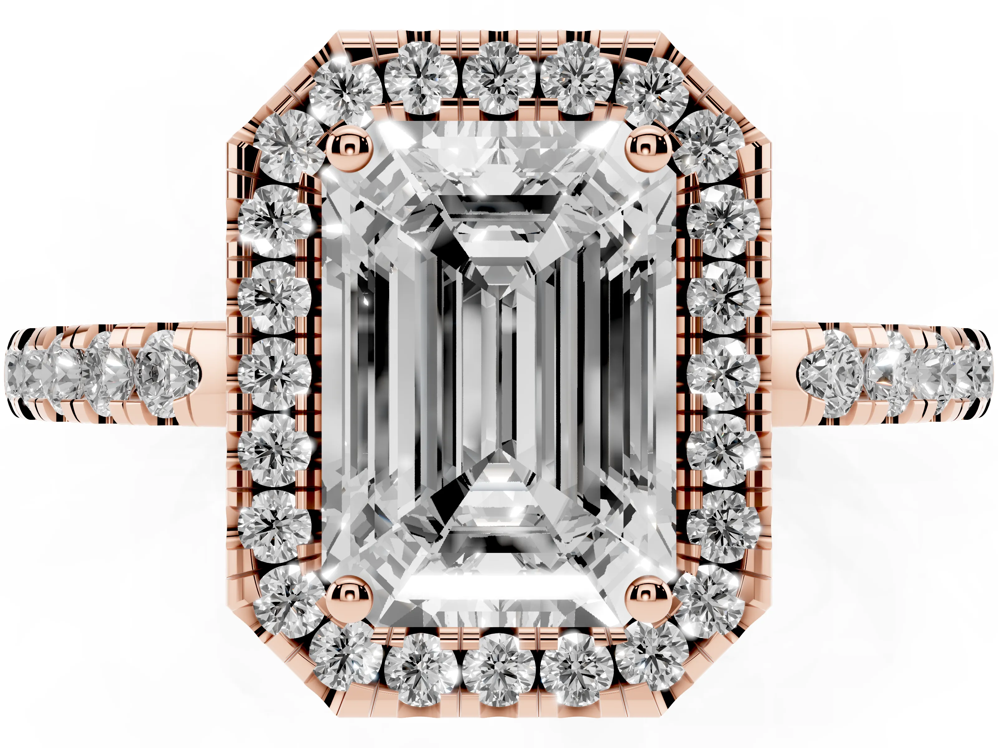 Emerald Cut Diamond Pavé Band Halo Engagement Ring Set in Rose gold with Prong Setting