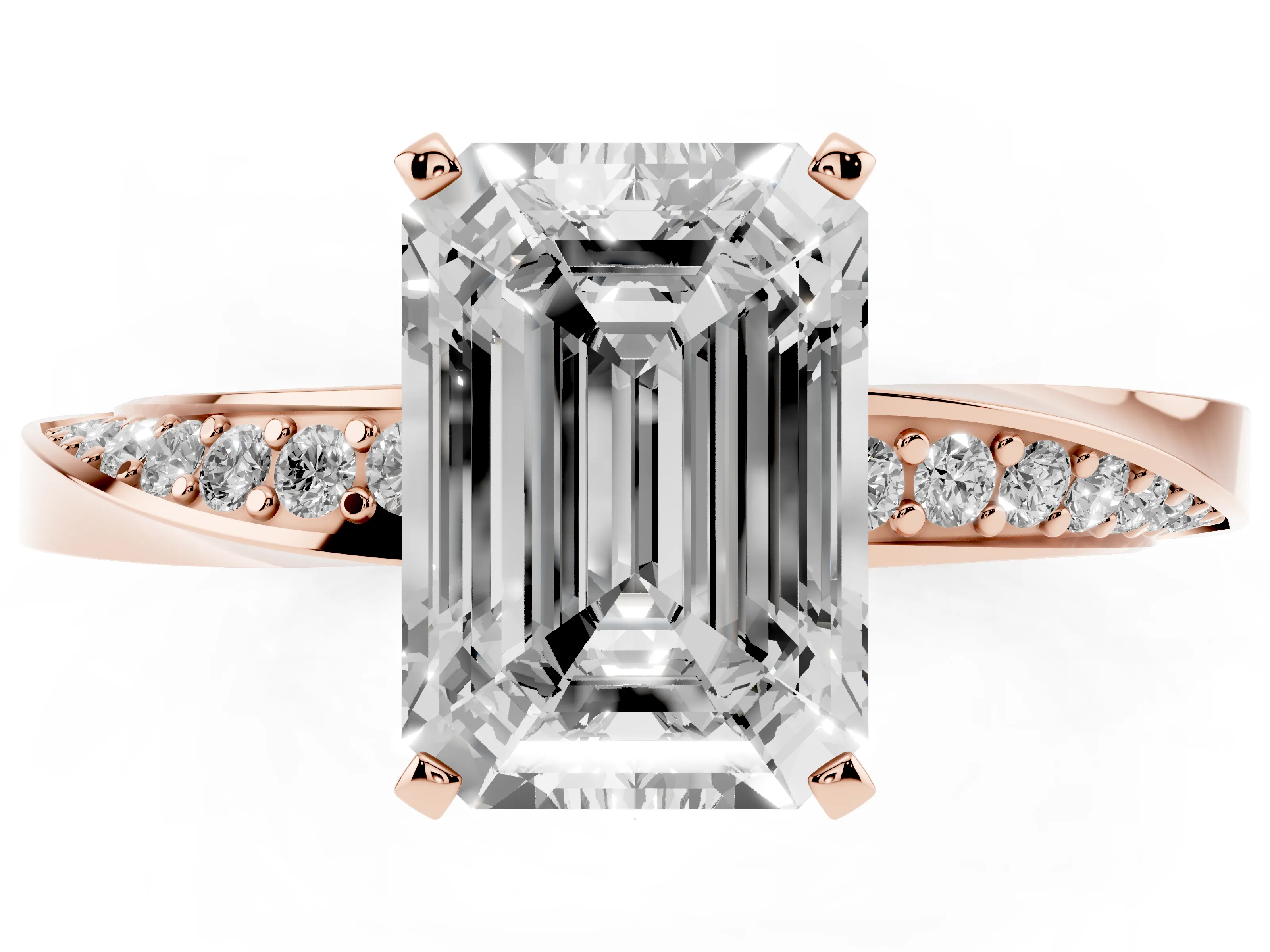 Emerald Cut Diamond Engagement Ring Set in Rose gold with Side Stone Accents and Prong Setting