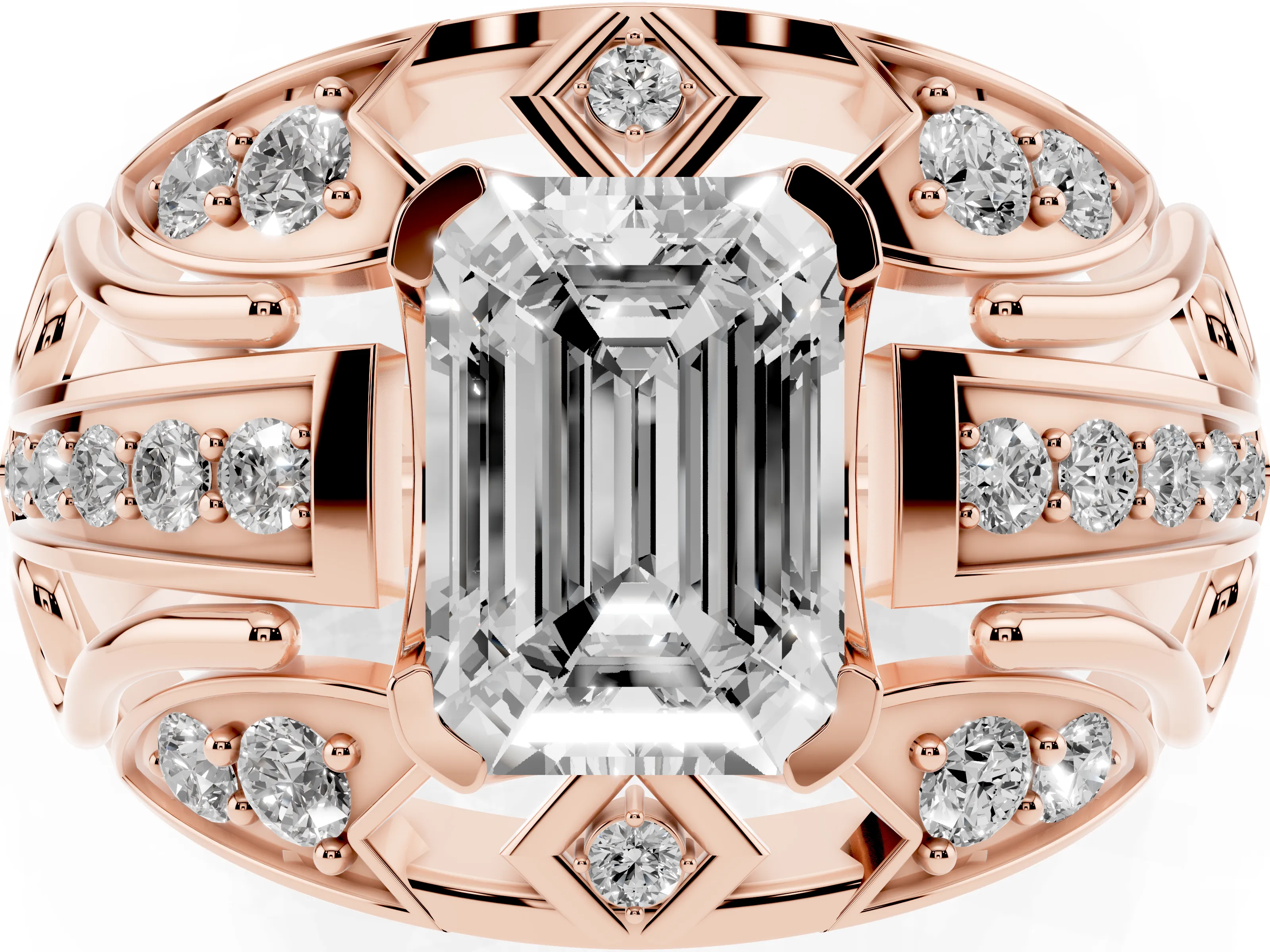 Emerald Cut Diamond Art Deco Ring Set in Rose gold with Pavé Split Shank