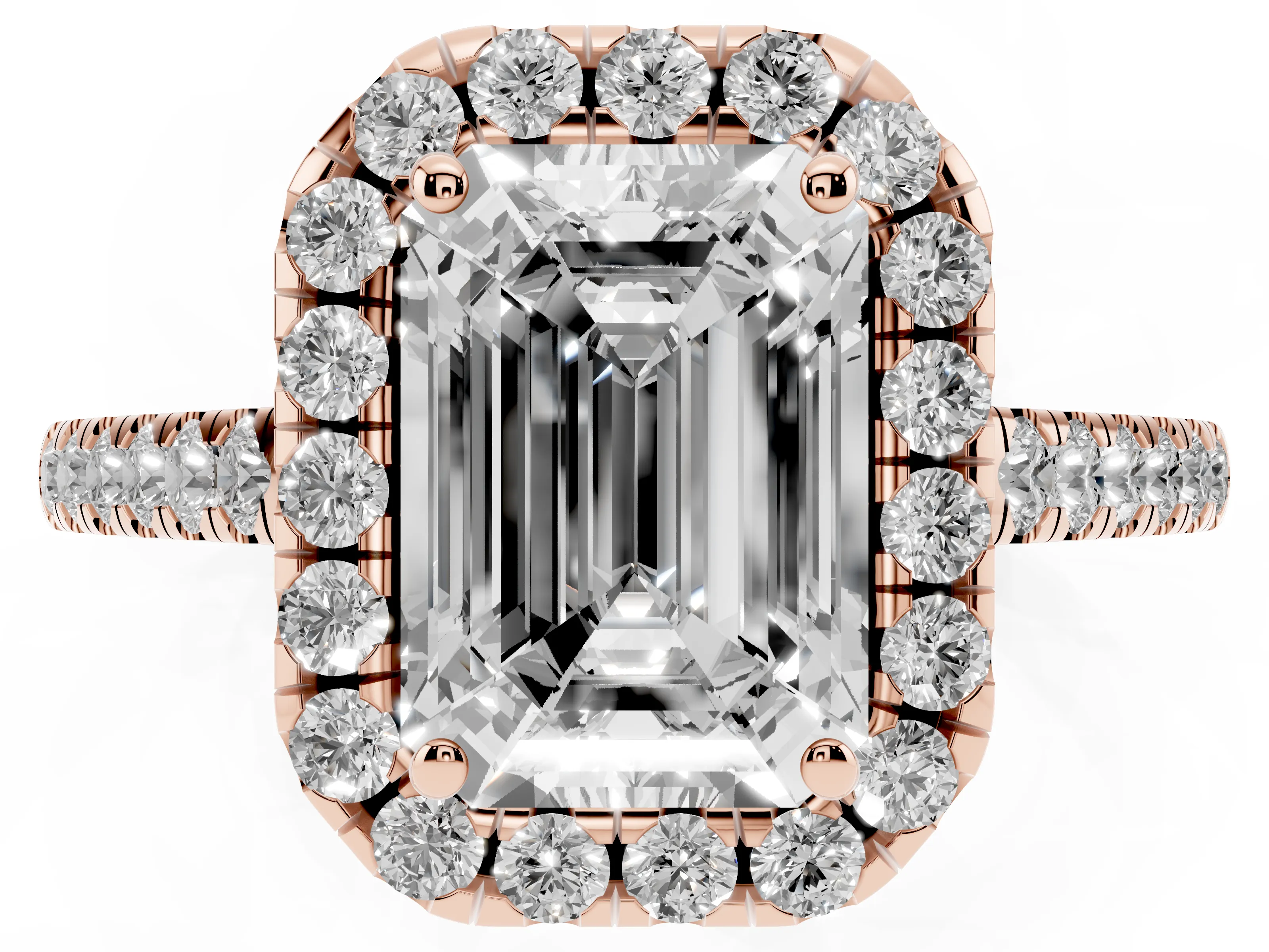 Emerald Cut Diamond Halo Pavé Engagement Ring Set in Rose gold with Prong Setting