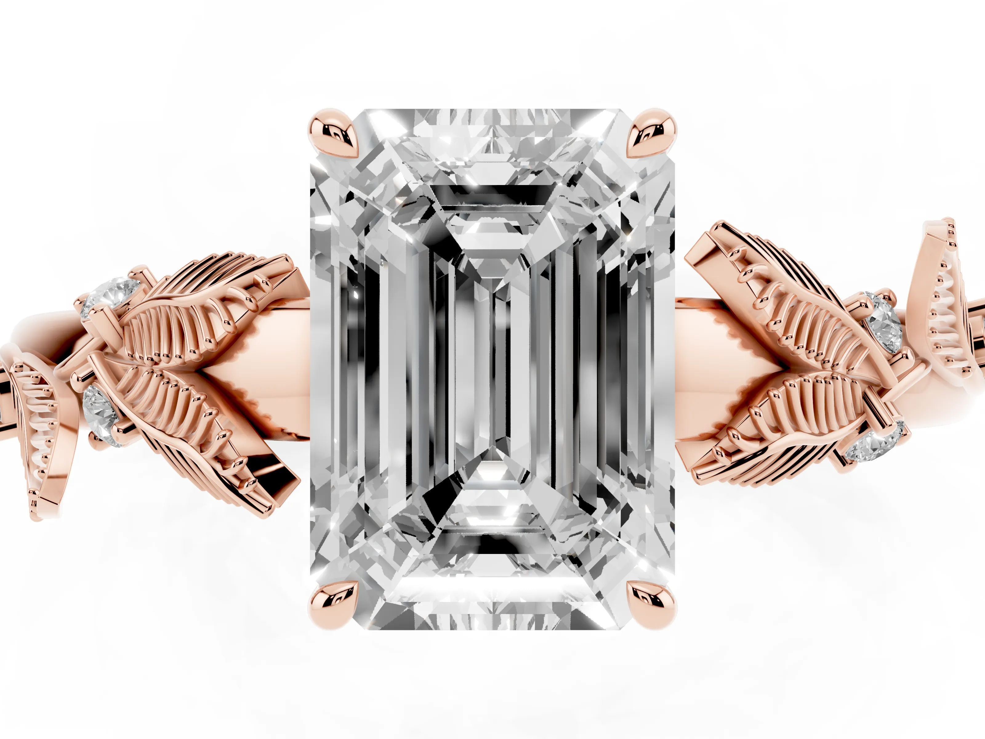 Emerald Cut Diamond Solitaire Ring Set in Rose gold with Leaf Motif Band