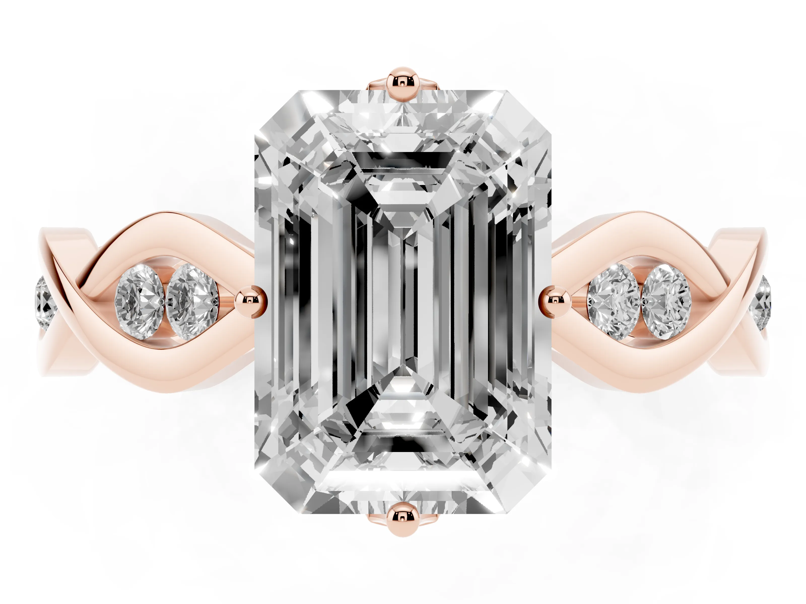Emerald Cut Diamond Twist Band Solitaire Ring Set in Rose gold with Leaf Prong Setting and Accent Stones