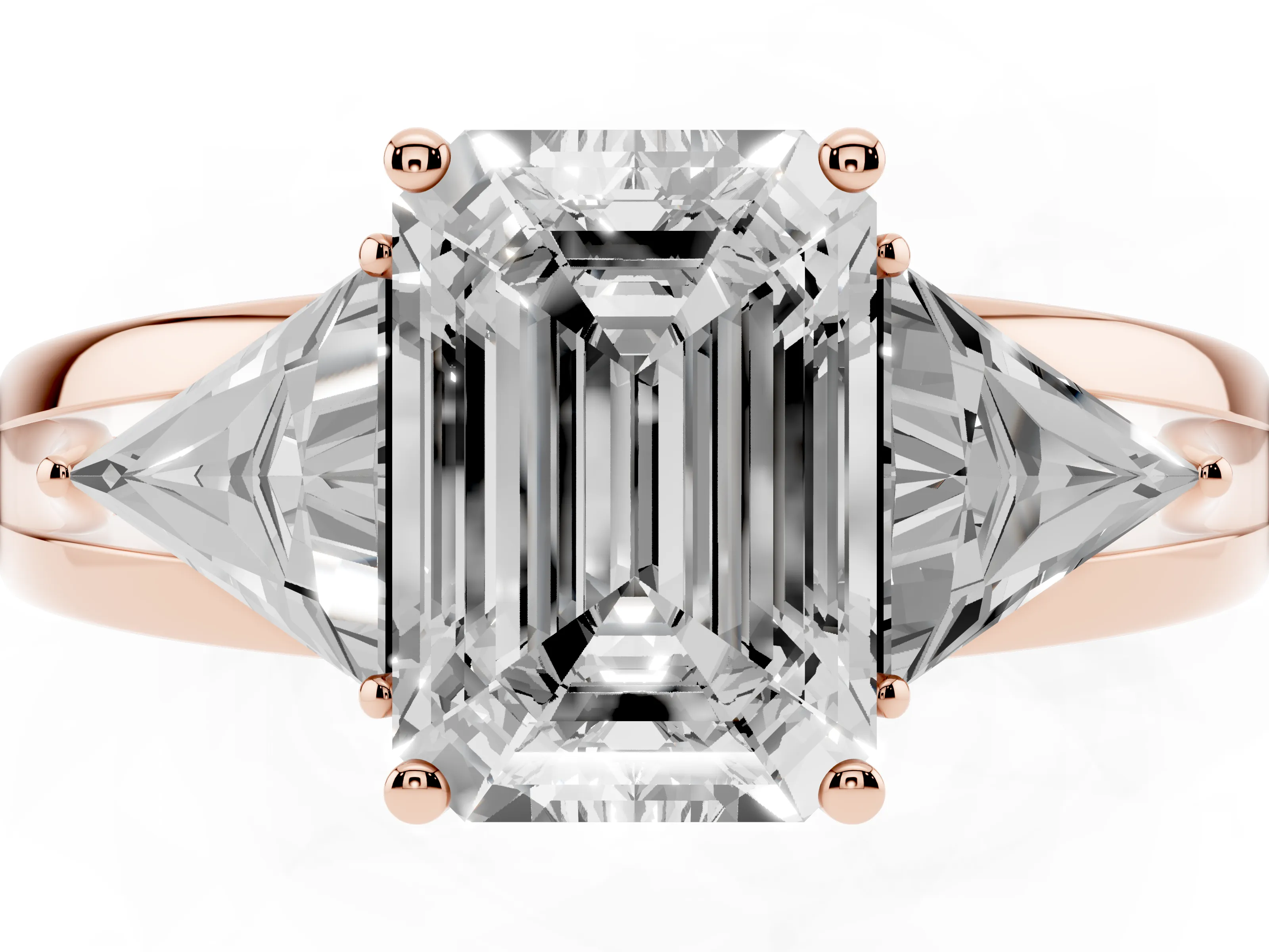 Emerald Cut Diamond Three-Stone Ring Set in Rose gold with Trillion Side Stones and Split Shank