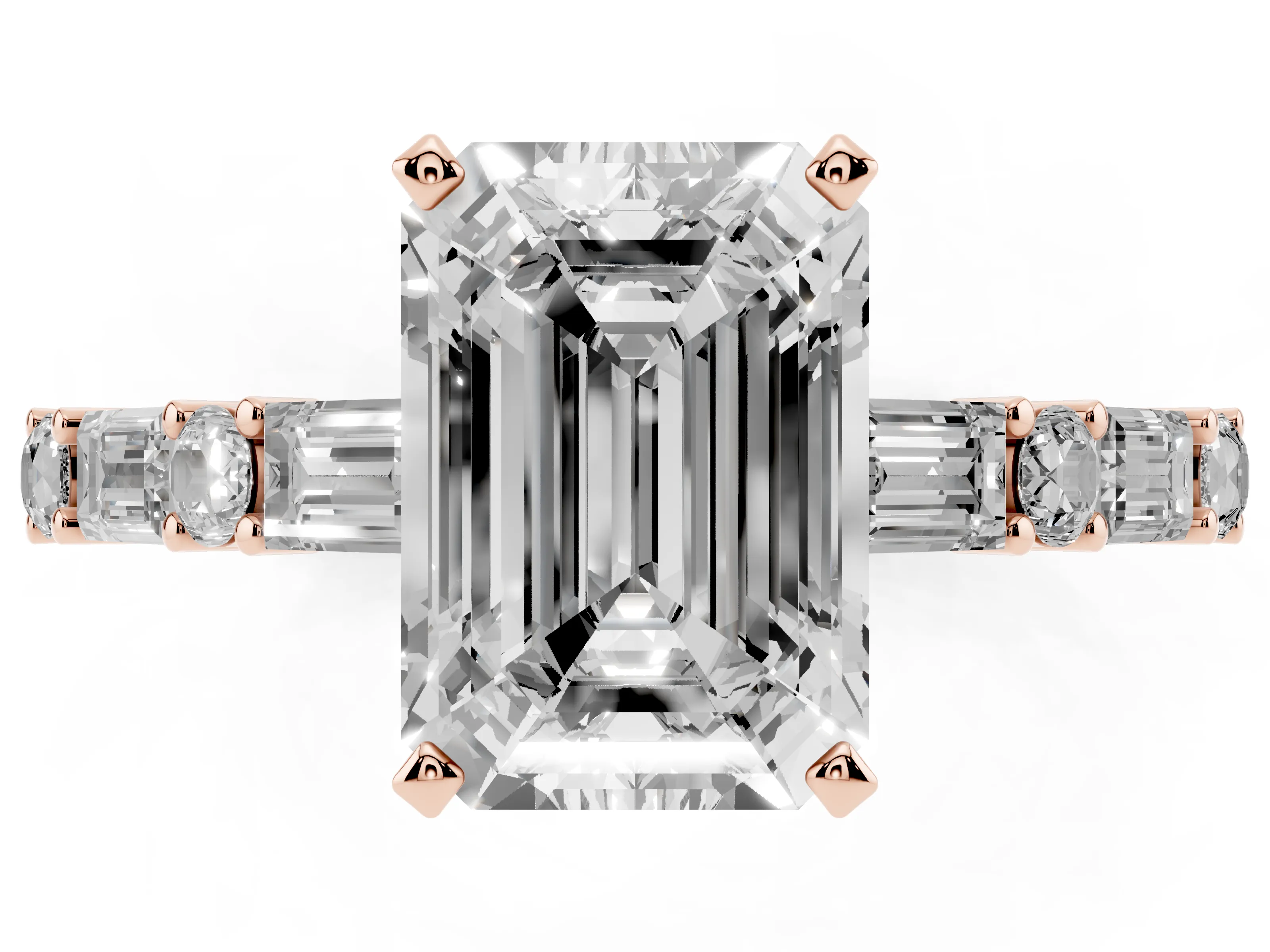 Emerald Cut Diamond Solitaire Set in Rose gold with Side Baguettes and Channel Set Band