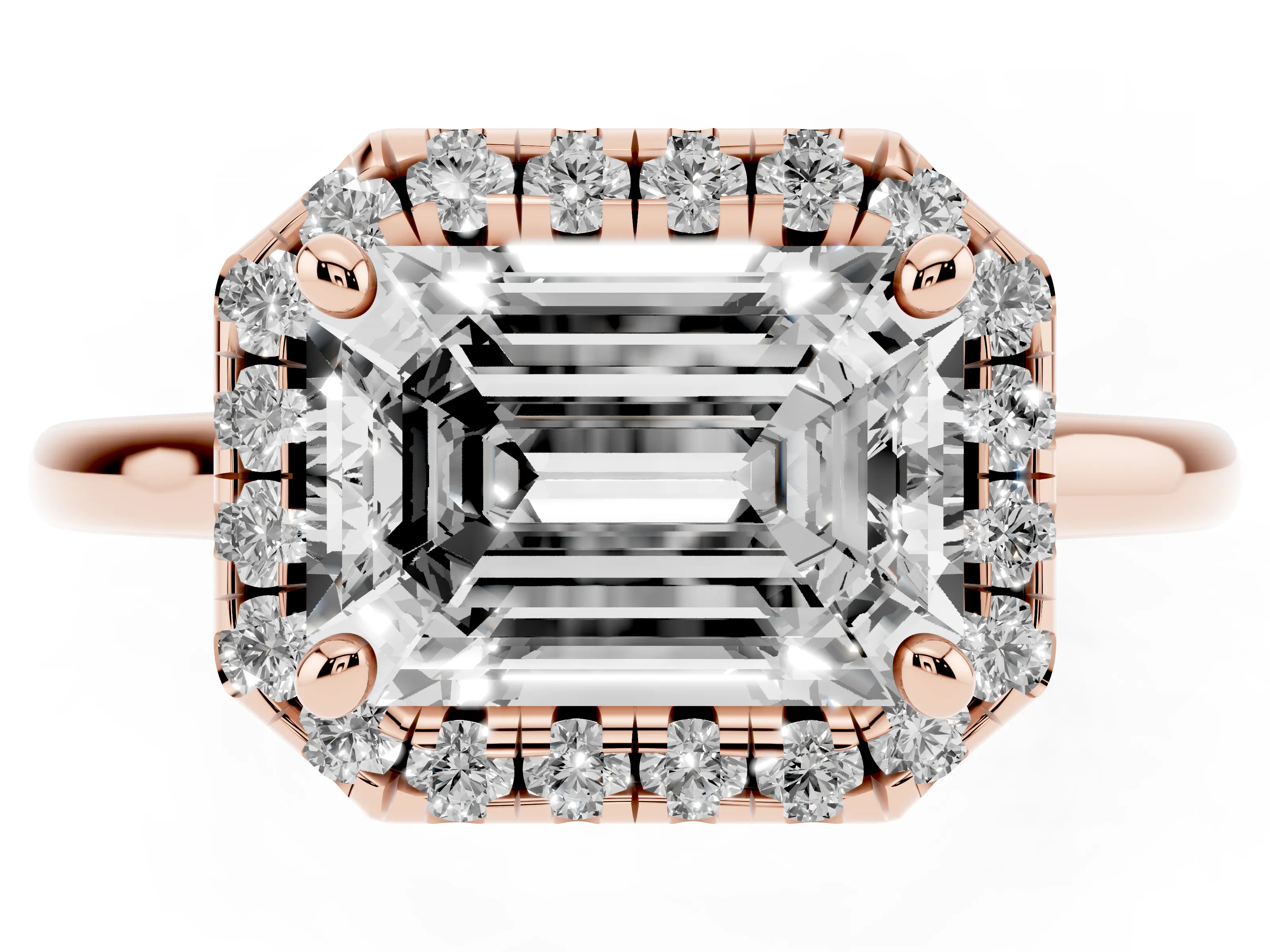 Emerald Cut Diamond Halo Engagement Ring Set in Rose gold with Pavé Band and Rising Shoulders