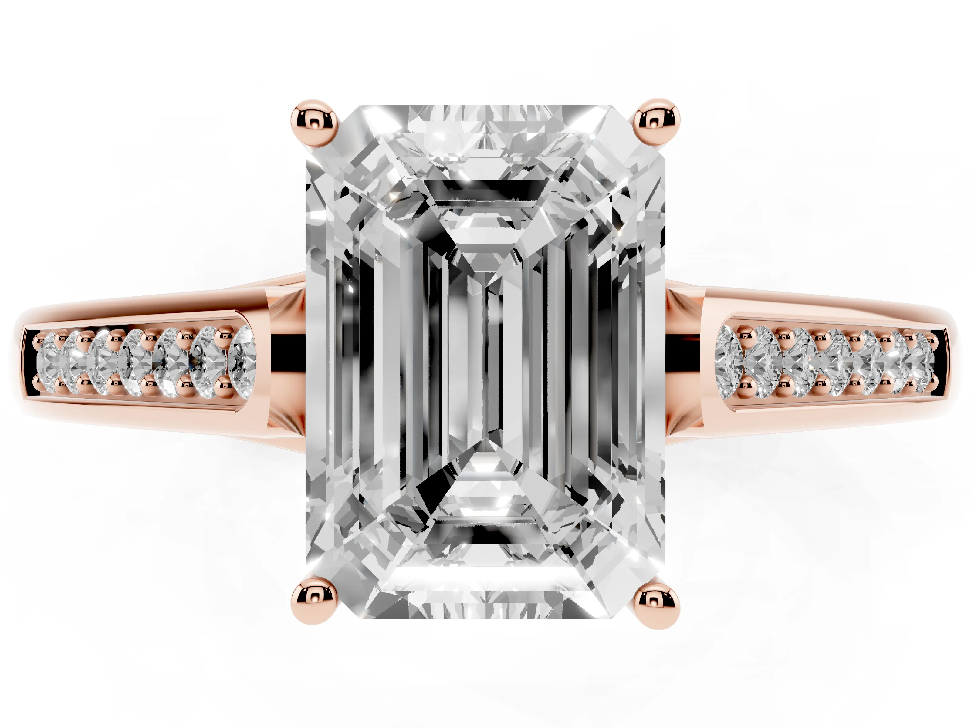 Emerald Cut Diamond Solitaire Cathedral Engagement Ring Set in Rose gold with Channel-Set Band and Prong Setting