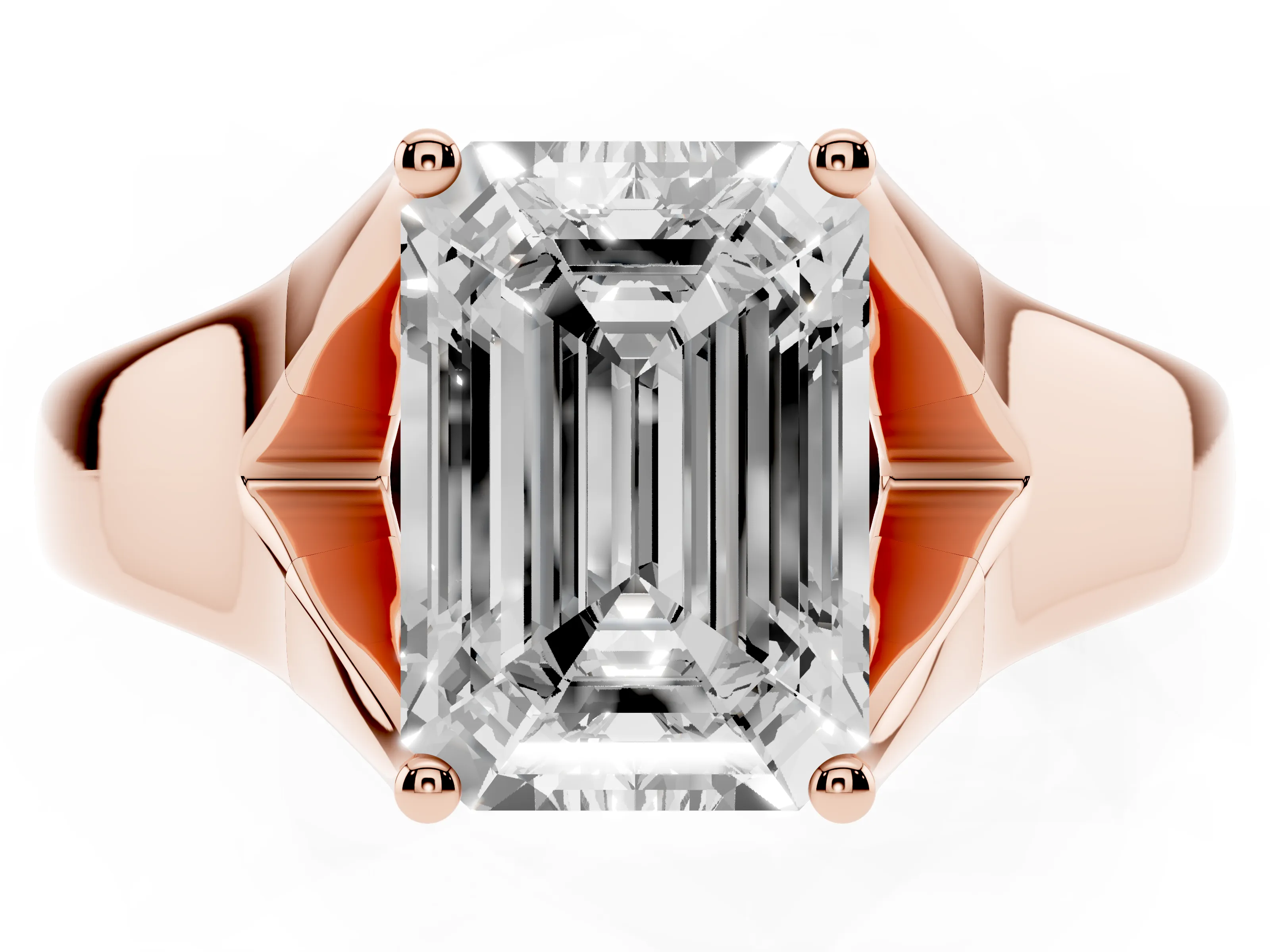 Emerald Cut Diamond Solitaire Ring Set in Rose gold with Arched Cathedral Band and Prong Setting