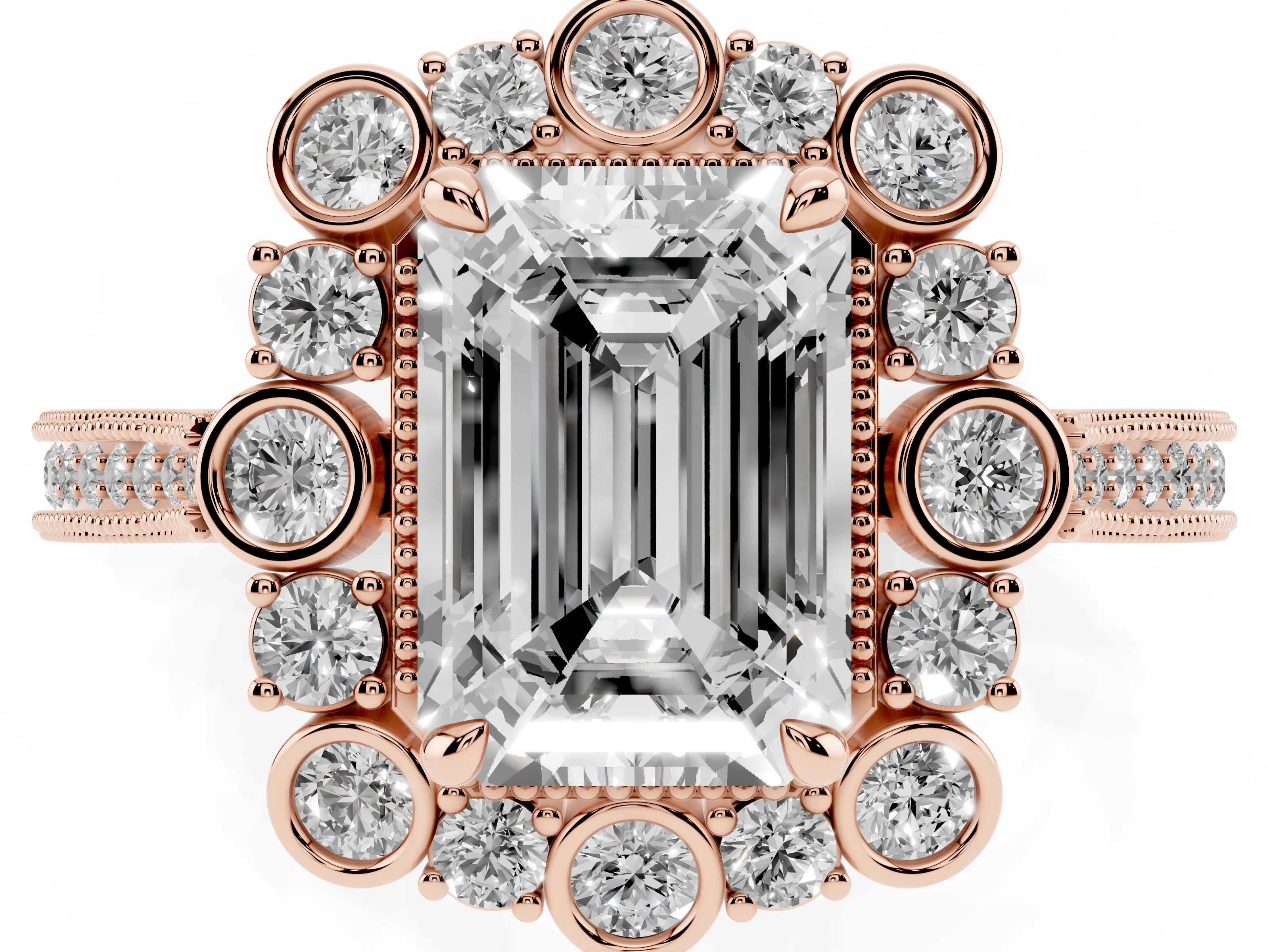 Emerald Cut Diamond Halo Milgrain Pavé Ring Set in Rose gold with Prong Setting