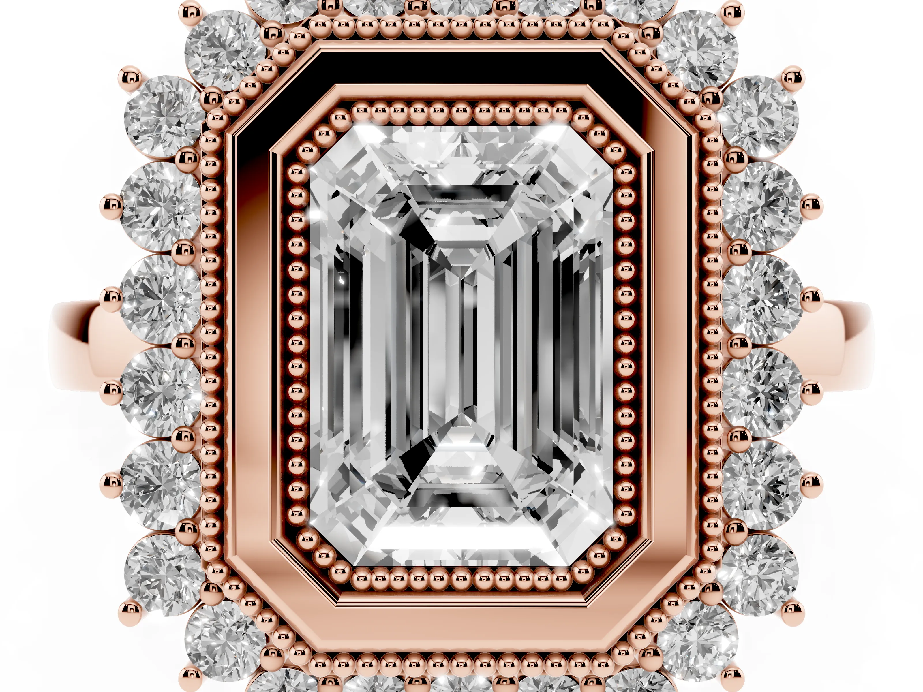 Emerald Cut Diamond Halo Ring Set in Rose gold with Milgrain Edge and Round Prong Setting