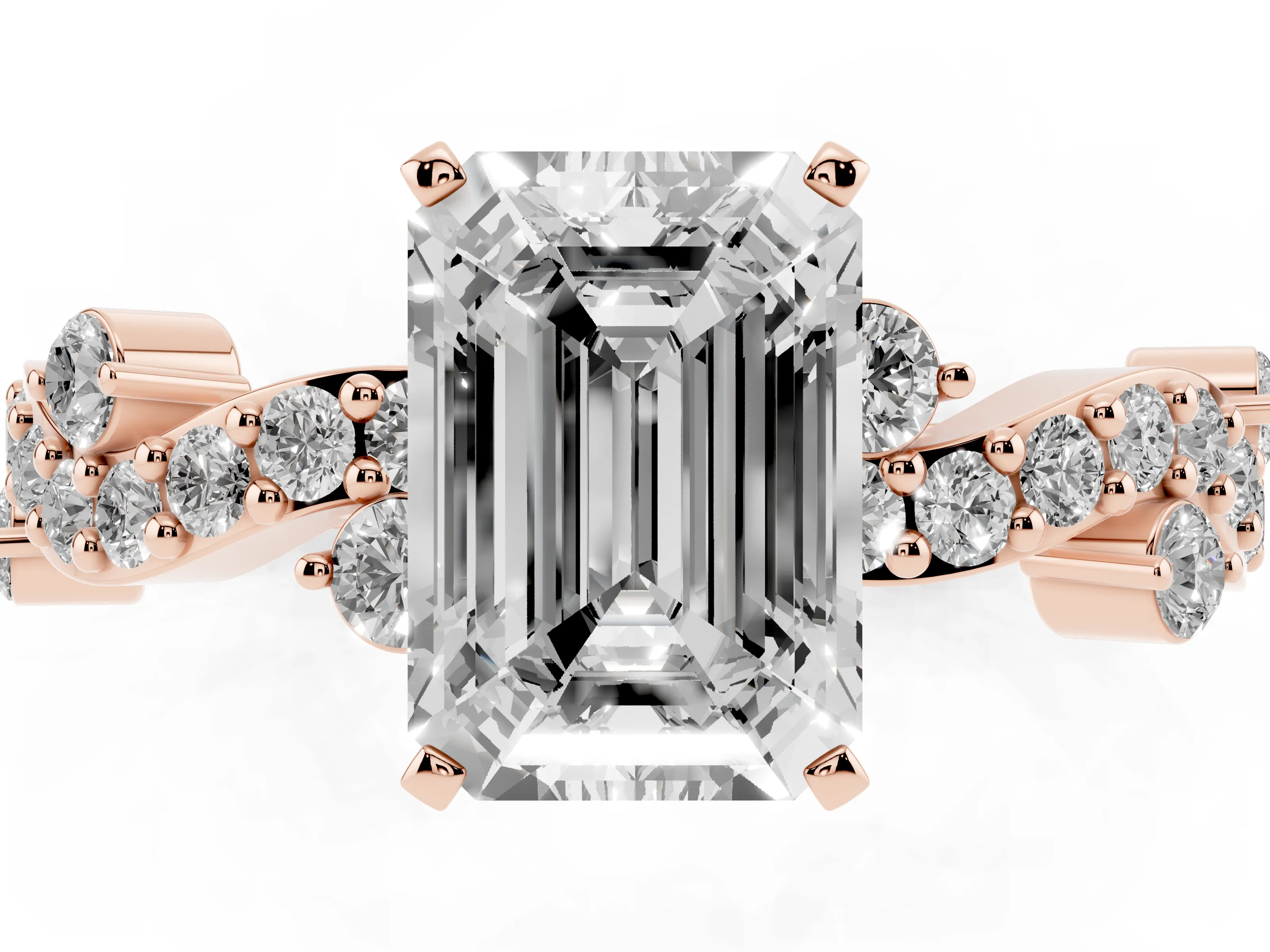Emerald Cut Diamond Solitaire Twisted Band Set in Rose gold with Pavé Setting