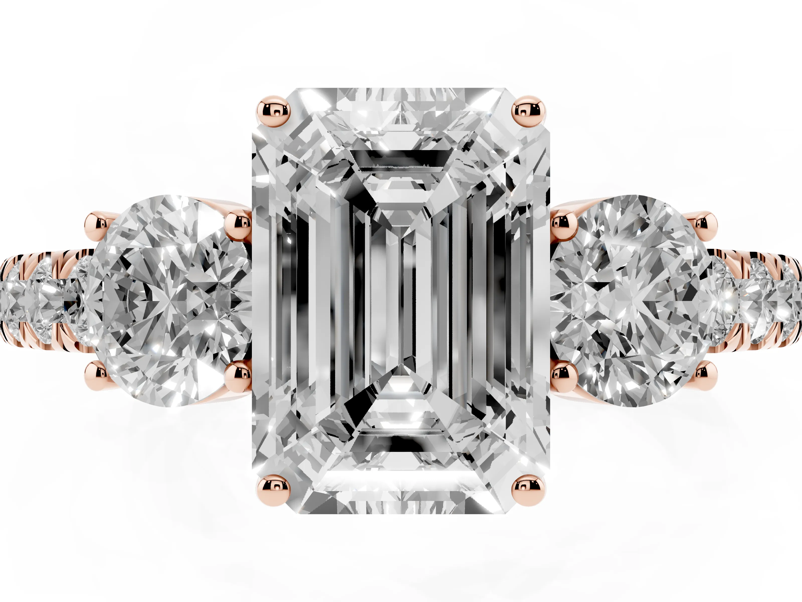 Emerald Cut Diamond Three-Stone Ring Set in Rose gold with Round Side Stones and Delicate Pavé Band