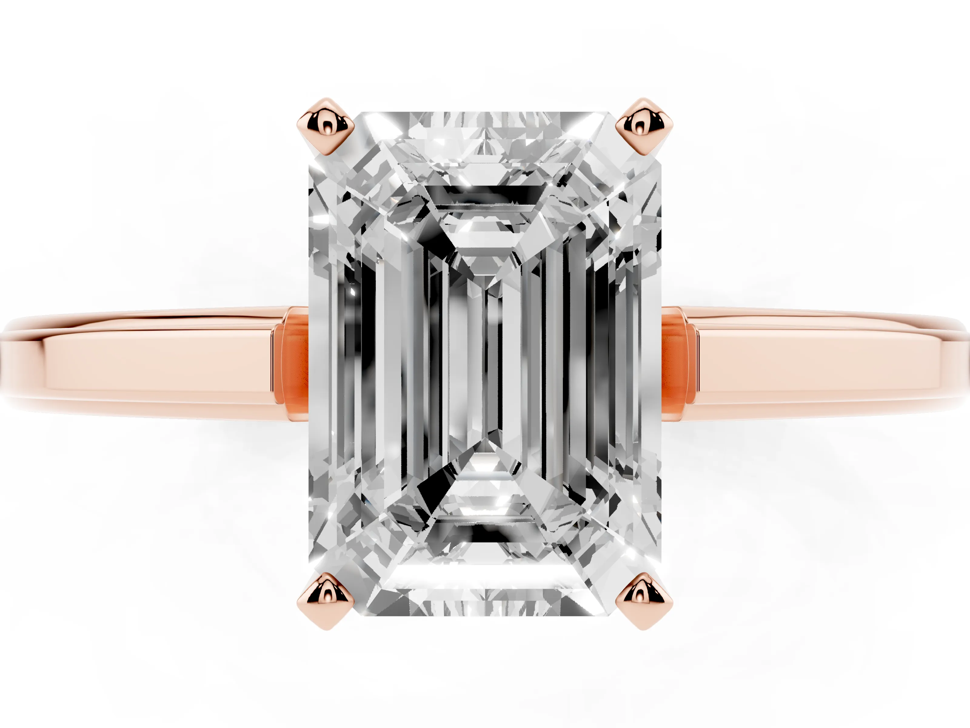 Emerald Cut Diamond Solitaire Ring Set in Rose gold with Prong Setting and Classic Band