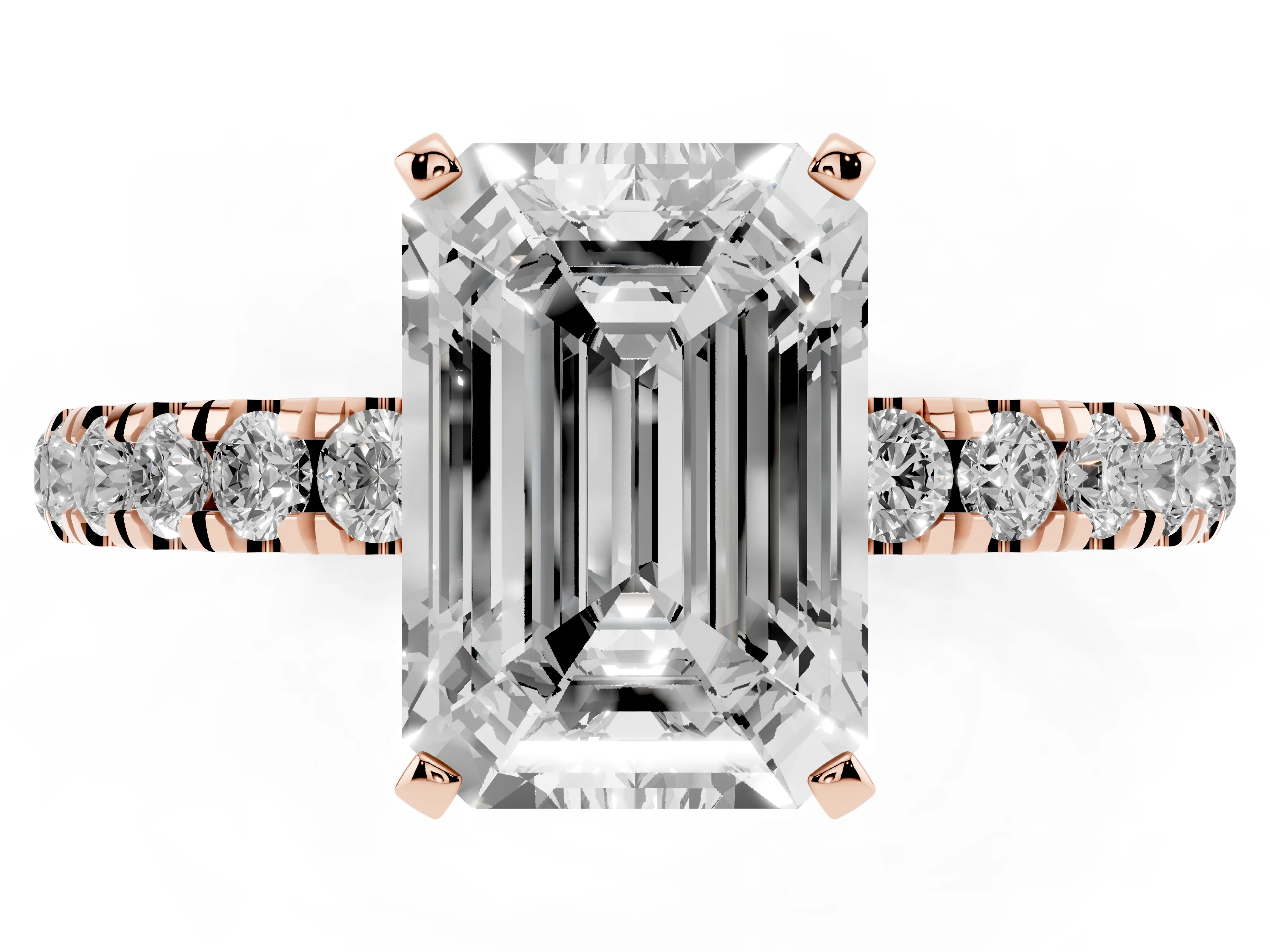 Emerald Cut Diamond Solitaire Ring Set in Rose gold with Pavé Accents and Prong Setting