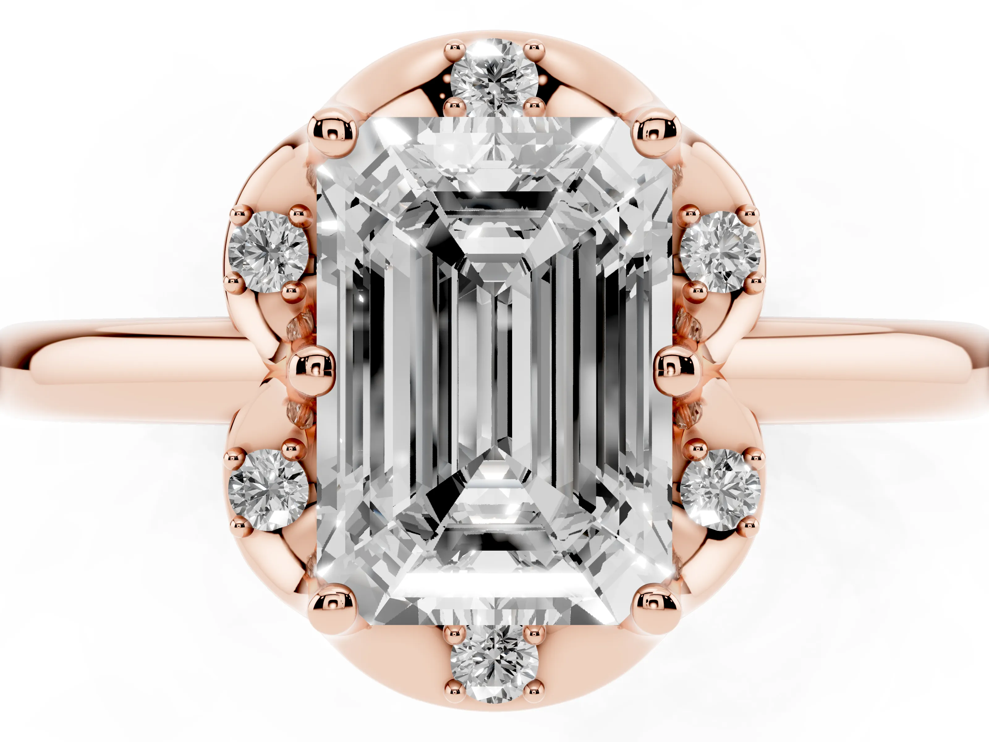 Emerald Cut Diamond Round Cluster Halo Ring Set in Rose gold with Solitaire Band and Prong Setting