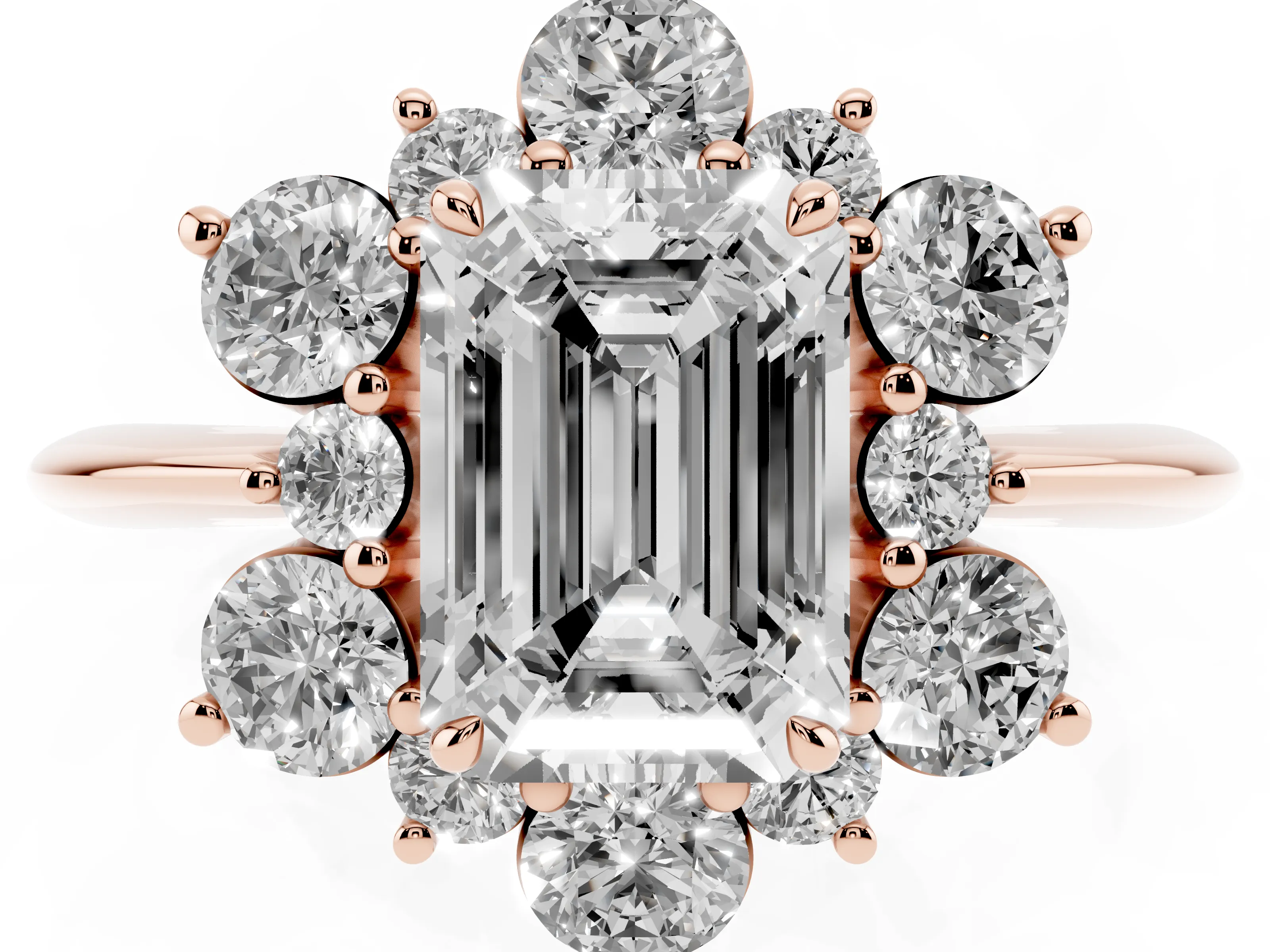 Emerald Cut Diamond Cluster Halo Ring Set in Rose gold with Solitaire Band and Prong Setting