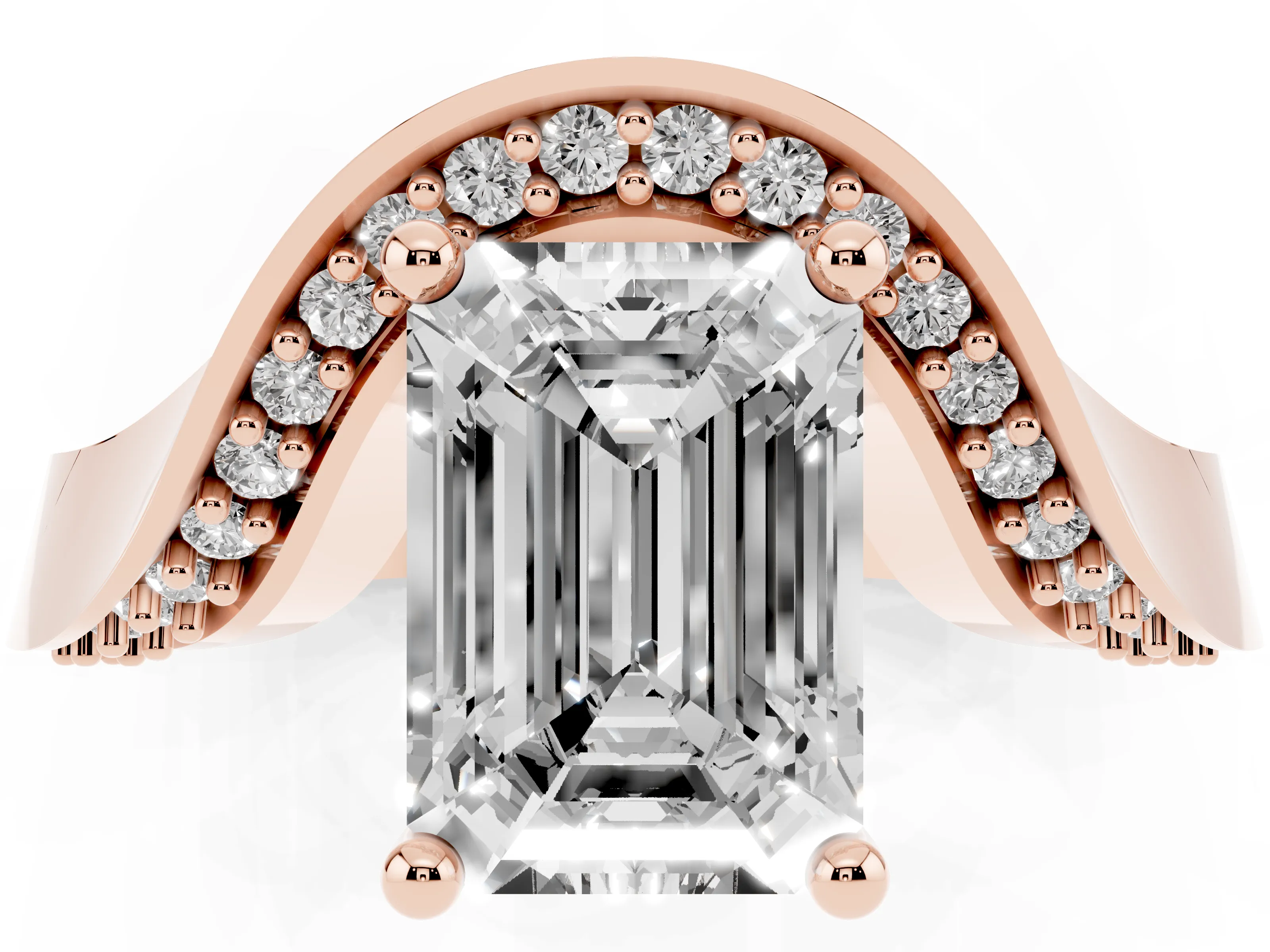 Emerald Cut Diamond Solitaire Engagement Ring Set in Rose gold with Pavé Shoulders