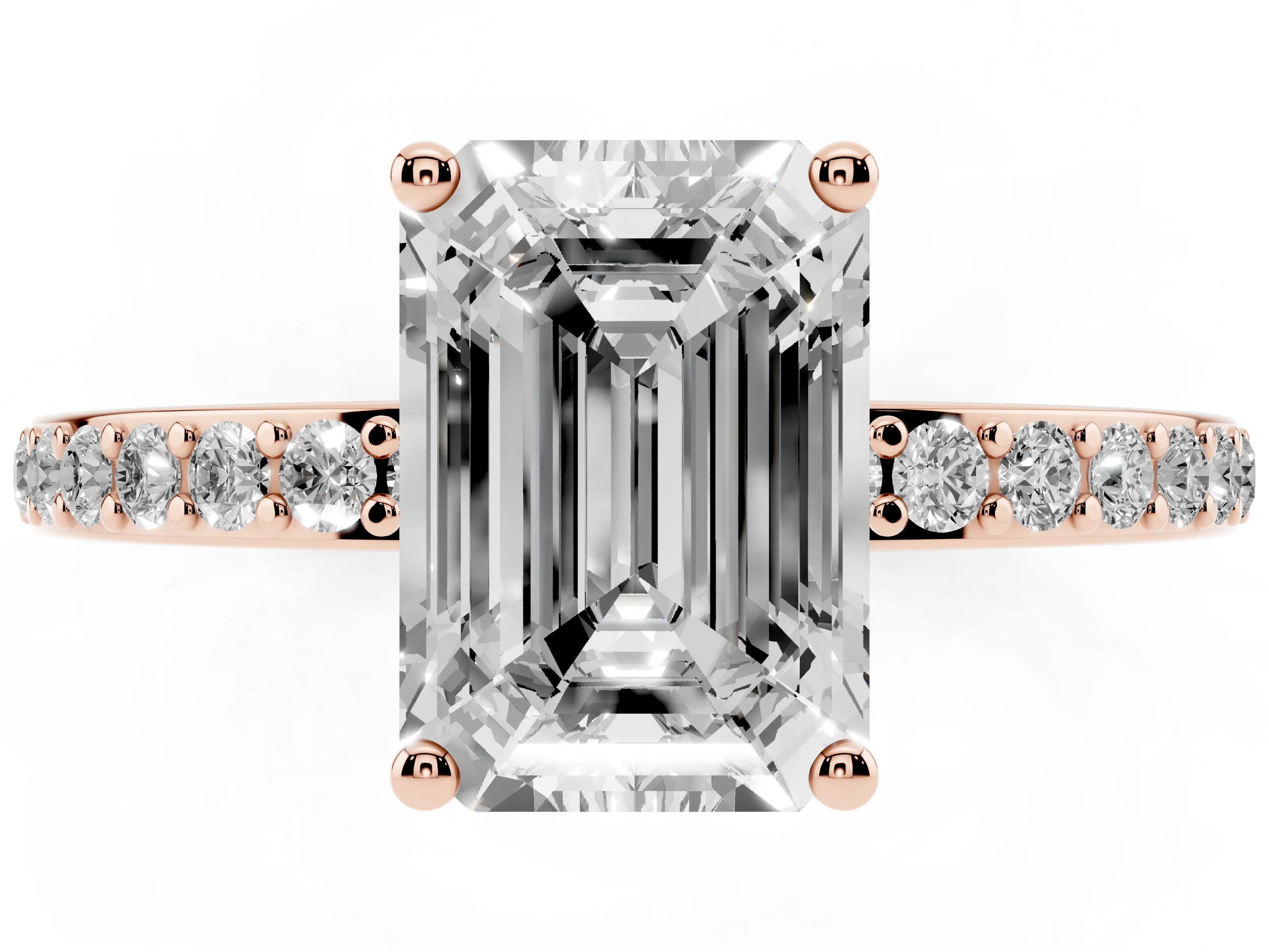Emerald Cut Diamond Pavé Band Ring Set in Rose gold with Prong-Set Center Stone