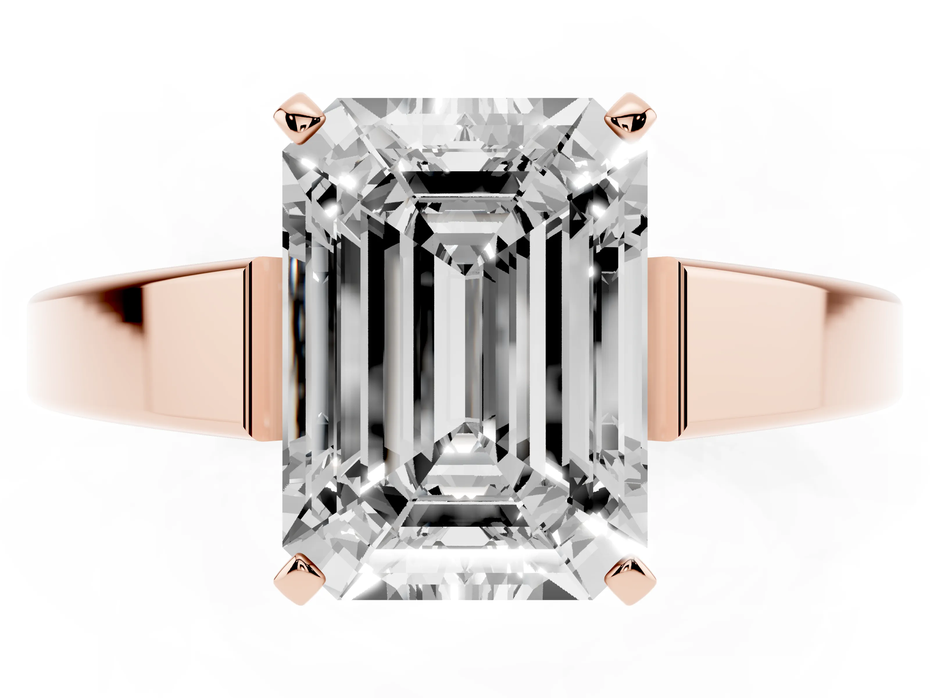 Emerald Cut Diamond Solitaire Engagement Ring Set in Rose gold with Prong Setting and Tapered Band