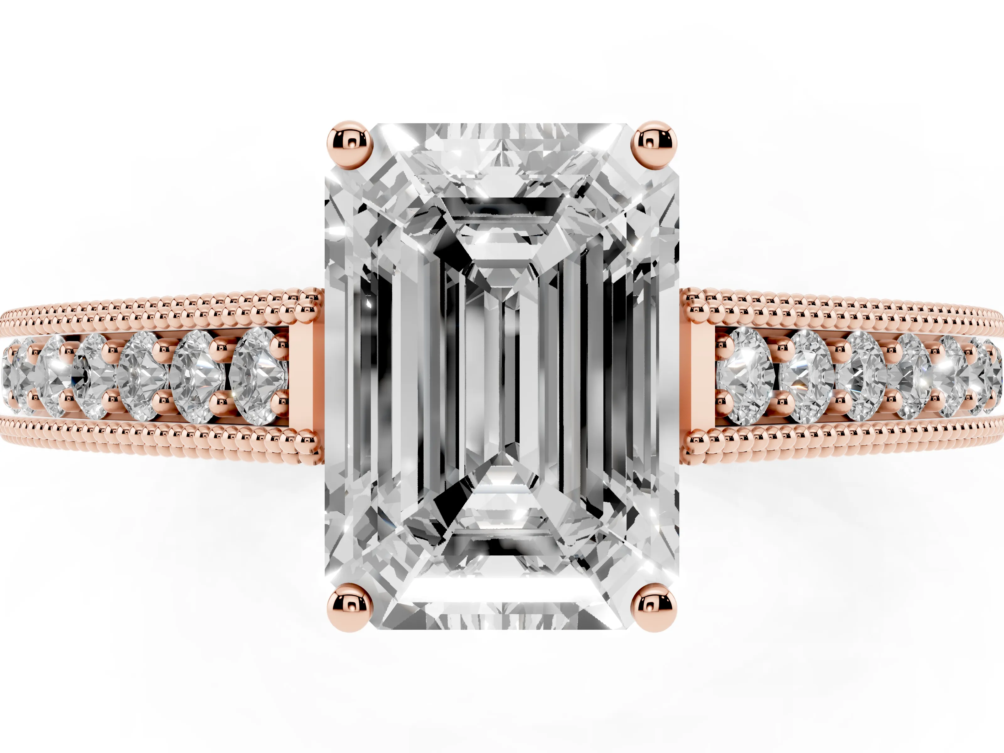 Emerald Cut Diamond Milgrain Pavé Band Solitaire Ring Set in Rose gold with Prong Setting