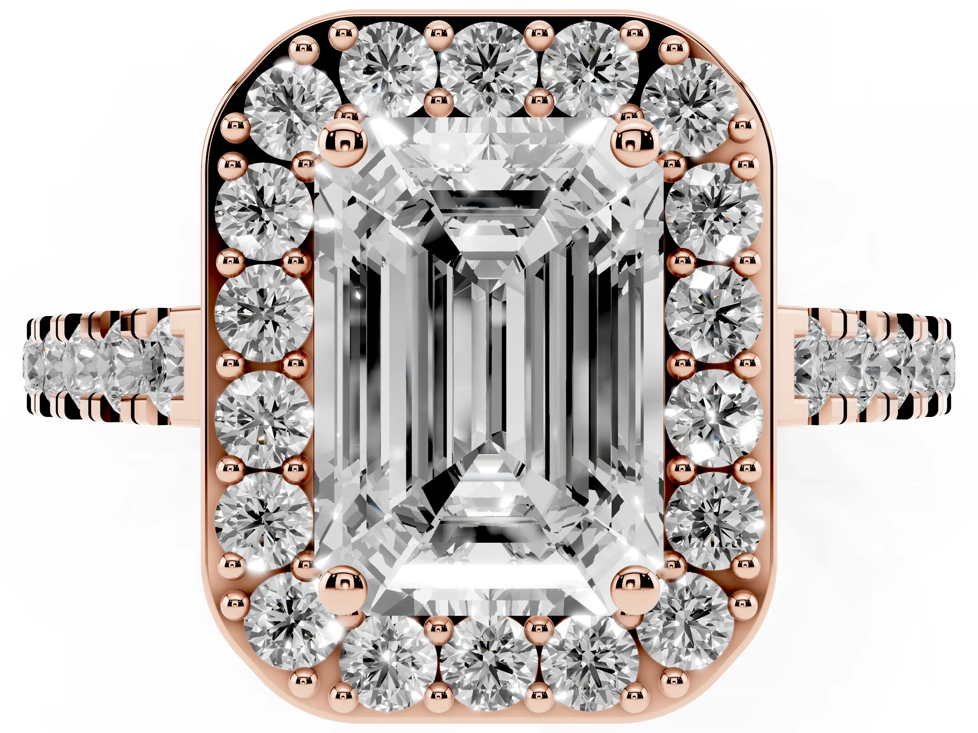 Emerald Cut Diamond Halo Ring Set in Rose gold with Round Pavé Split Shank and Prong Setting