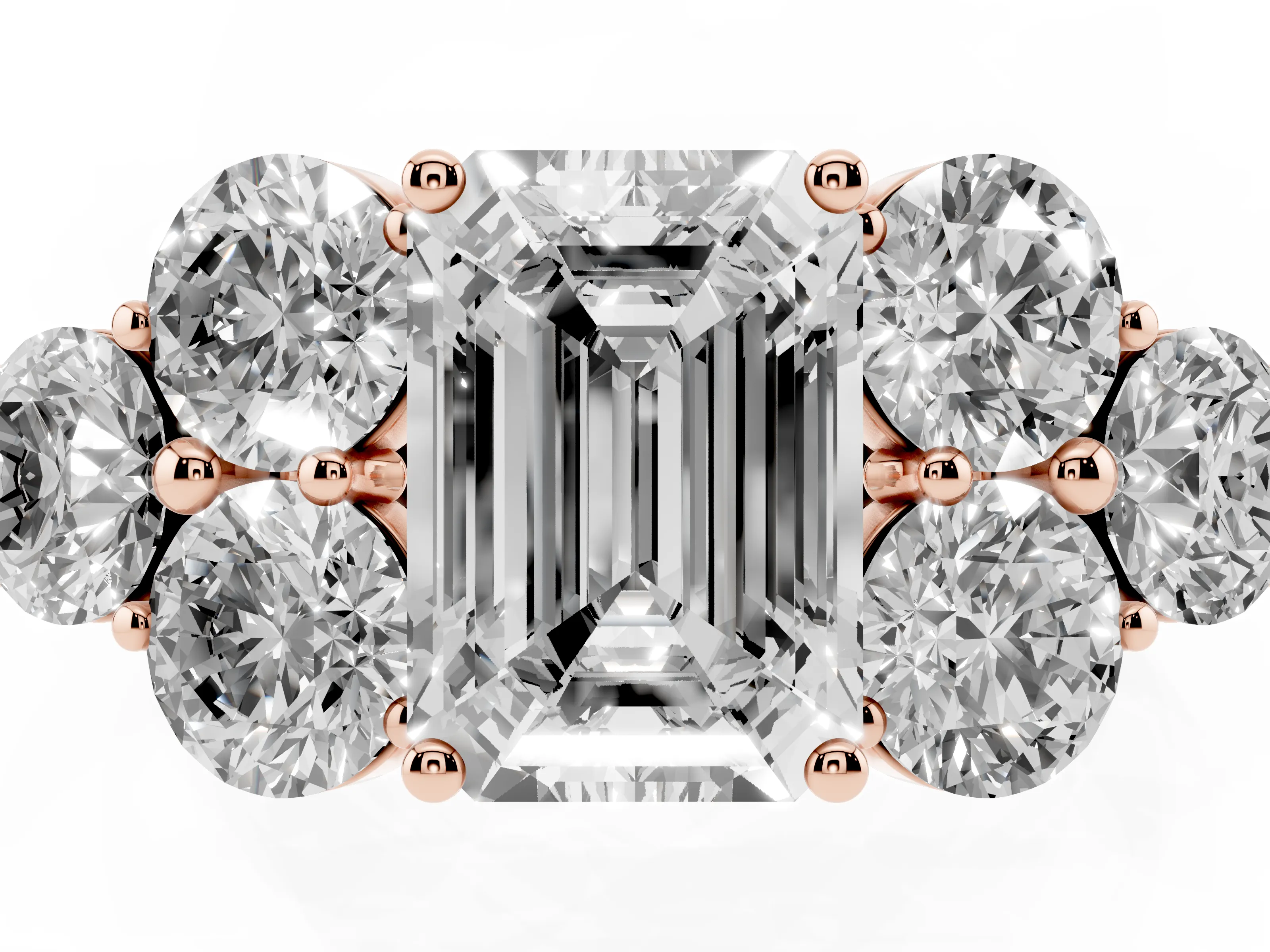 Emerald Cut Diamond Cluster Ring Set in Rose gold with Round Accent Stones and Prong Setting on a Plain Band