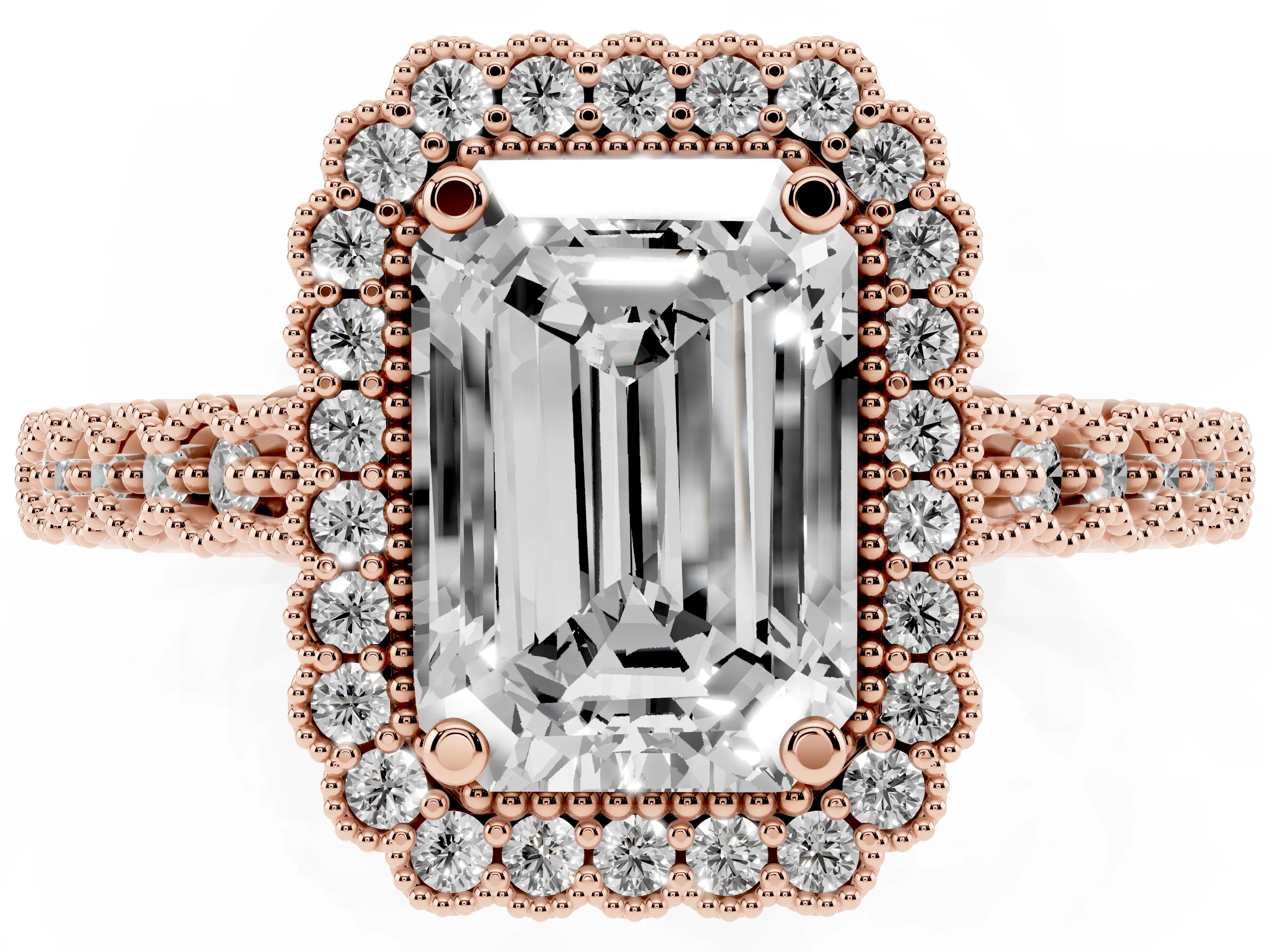 Emerald Cut Diamond Halo Ring Set in Rose gold with Pavé Milgrain Band