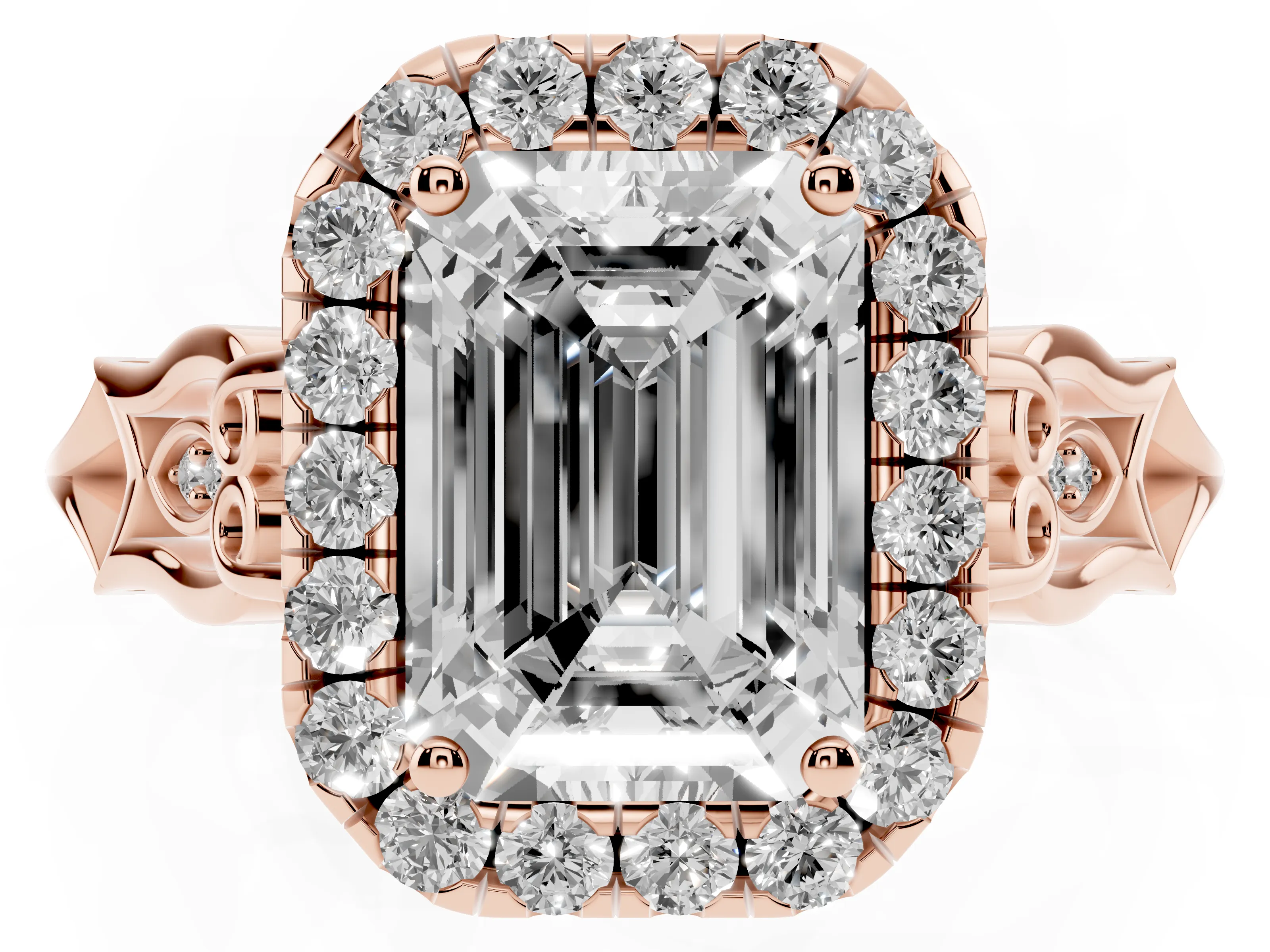 Emerald Cut Diamond Halo Engagement Ring Set in Rose gold with Filigree Band and Prong-Set Center